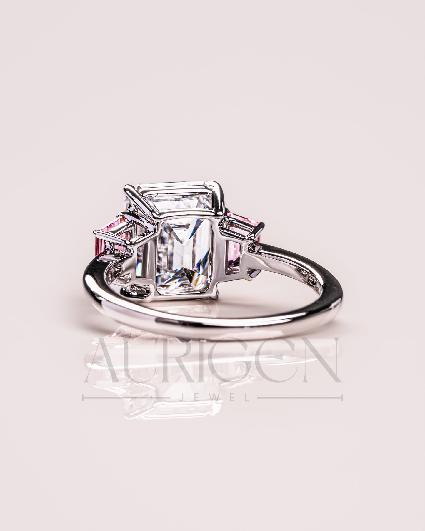 Emerald Cut with Pink Trapezoid Side Stones Engagement Ring in 14k White Gold