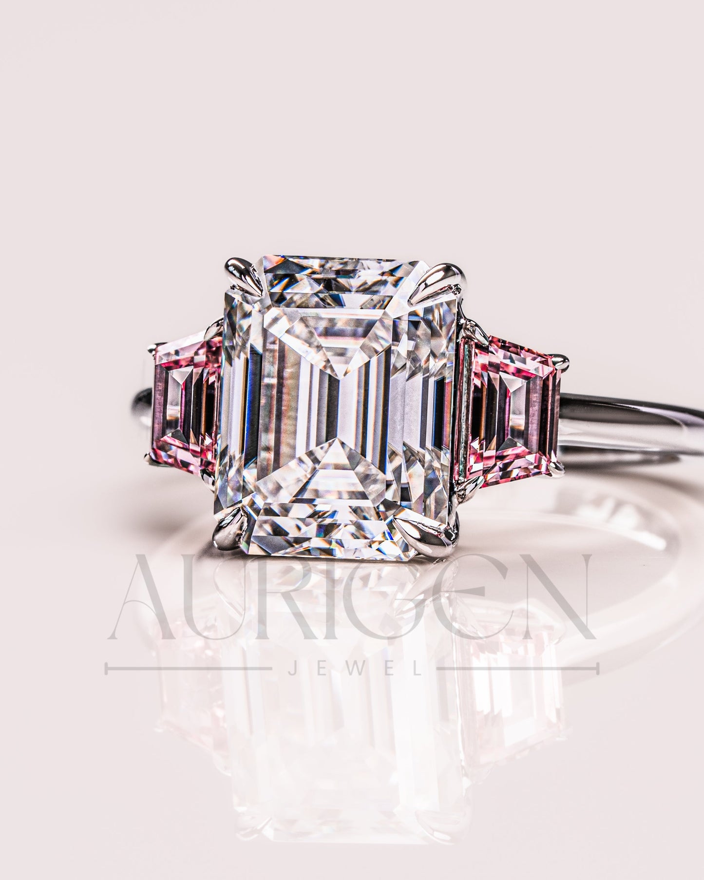 Emerald Cut with Pink Trapezoid Side Stones Engagement Ring in 14k White Gold