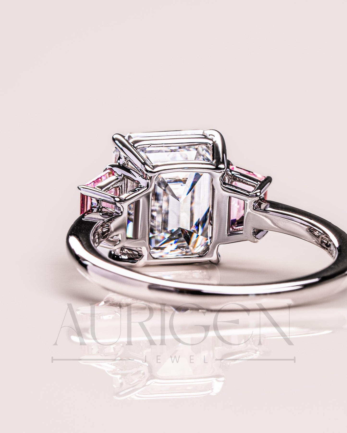 Emerald Cut with Pink Trapezoid Side Stones Engagement Ring in 14k White Gold