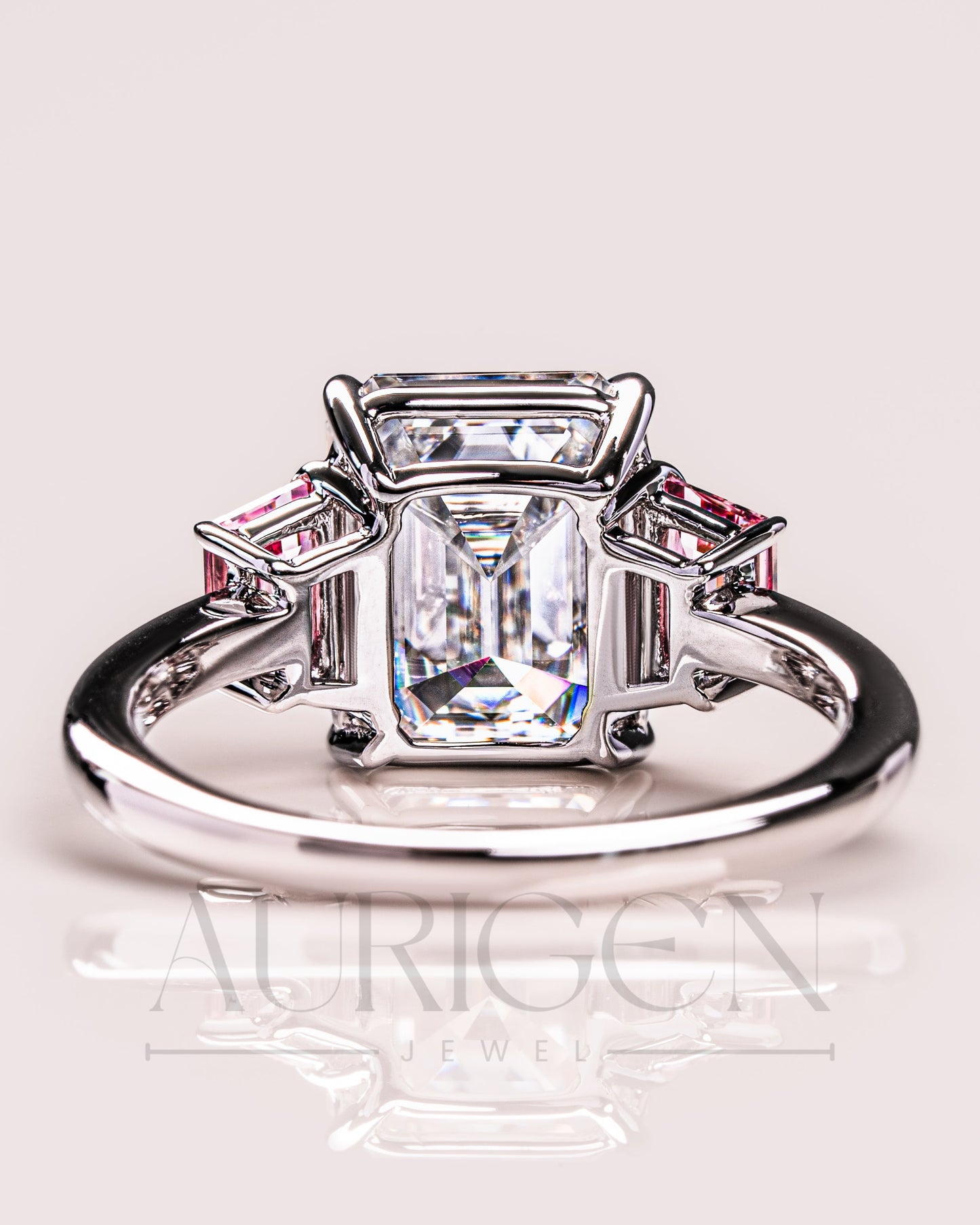 Emerald Cut with Pink Trapezoid Side Stones Engagement Ring in 14k White Gold