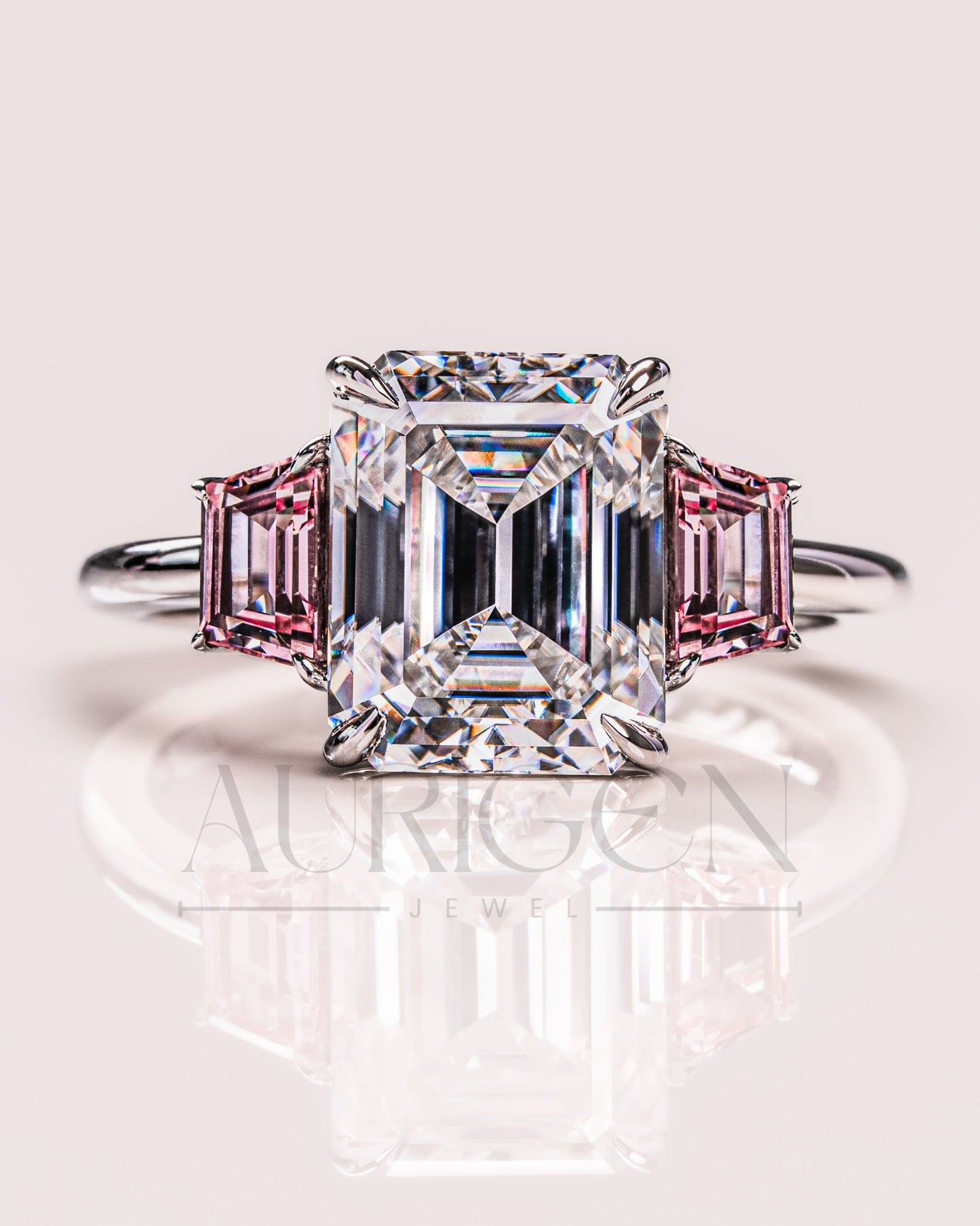 Emerald Cut with Pink Trapezoid Side Stones Engagement Ring in 14k White Gold