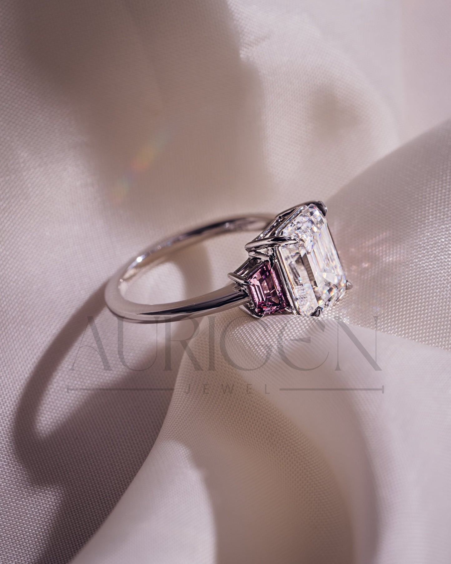 Emerald Cut with Pink Trapezoid Side Stones Engagement Ring in 14k White Gold