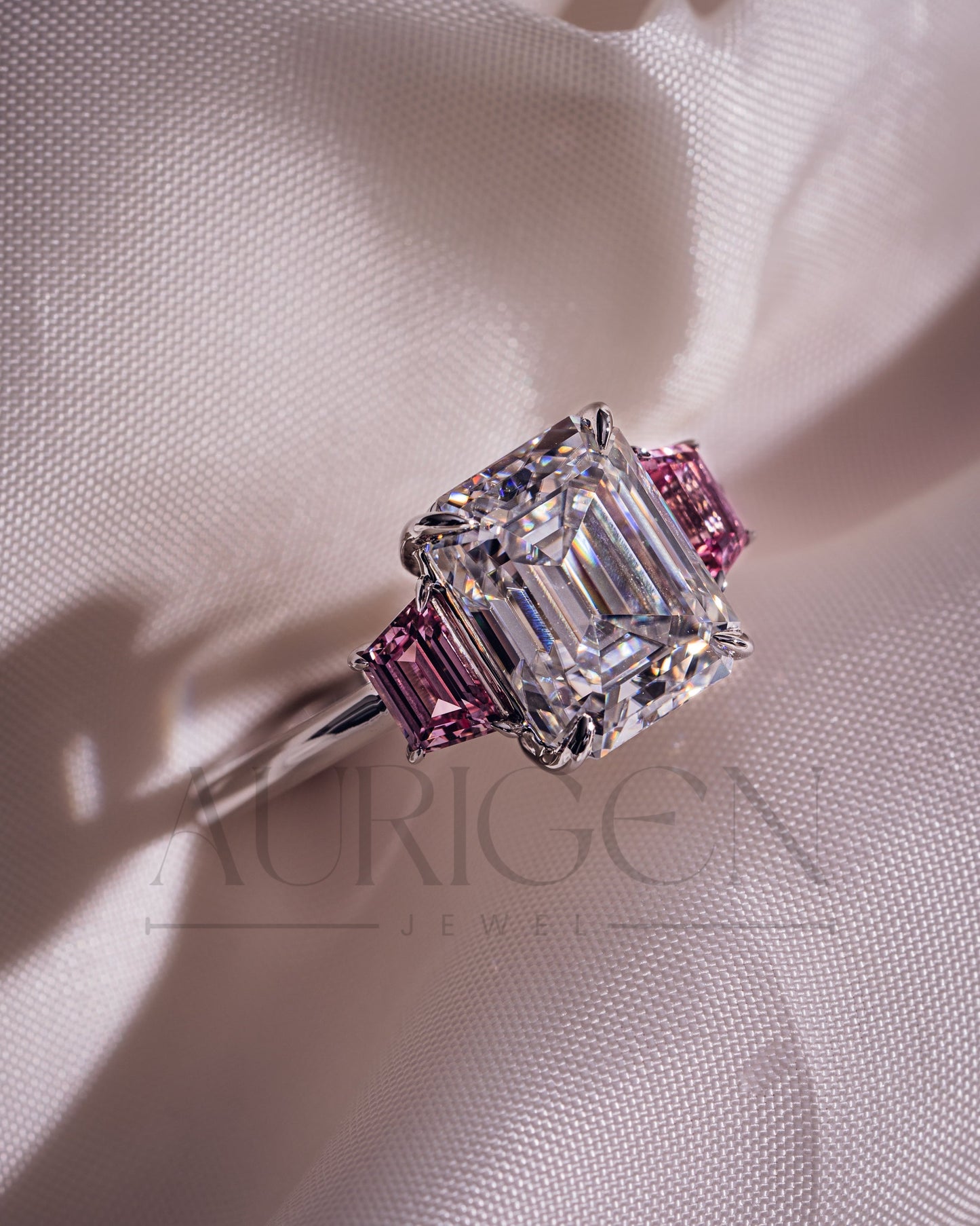 Emerald Cut with Pink Trapezoid Side Stones Engagement Ring in 14k White Gold