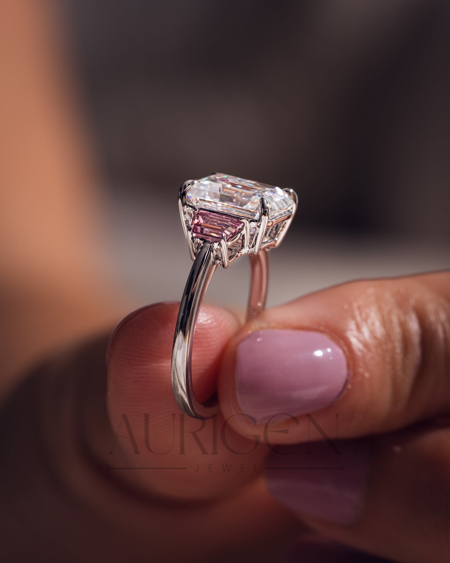 Emerald Cut with Pink Trapezoid Side Stones Engagement Ring in 14k White Gold