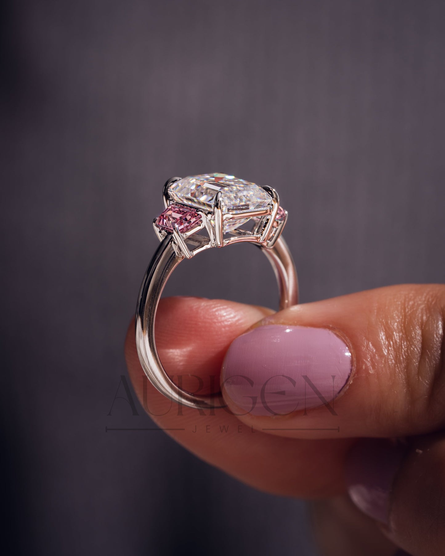 Emerald Cut with Pink Trapezoid Side Stones Engagement Ring in 14k White Gold