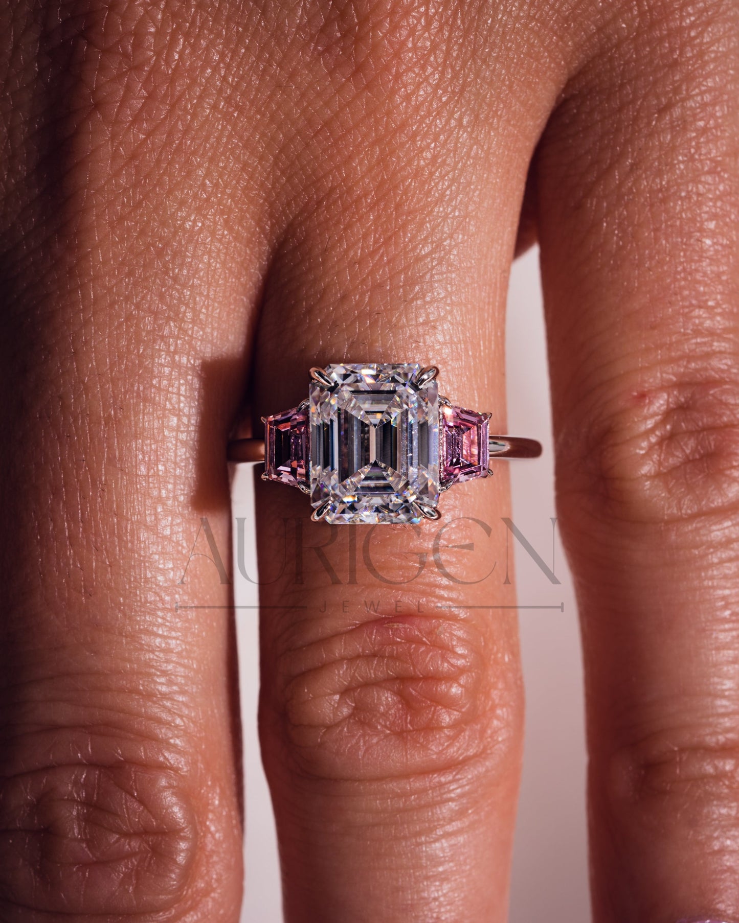 Emerald Cut with Pink Trapezoid Side Stones Engagement Ring in 14k White Gold