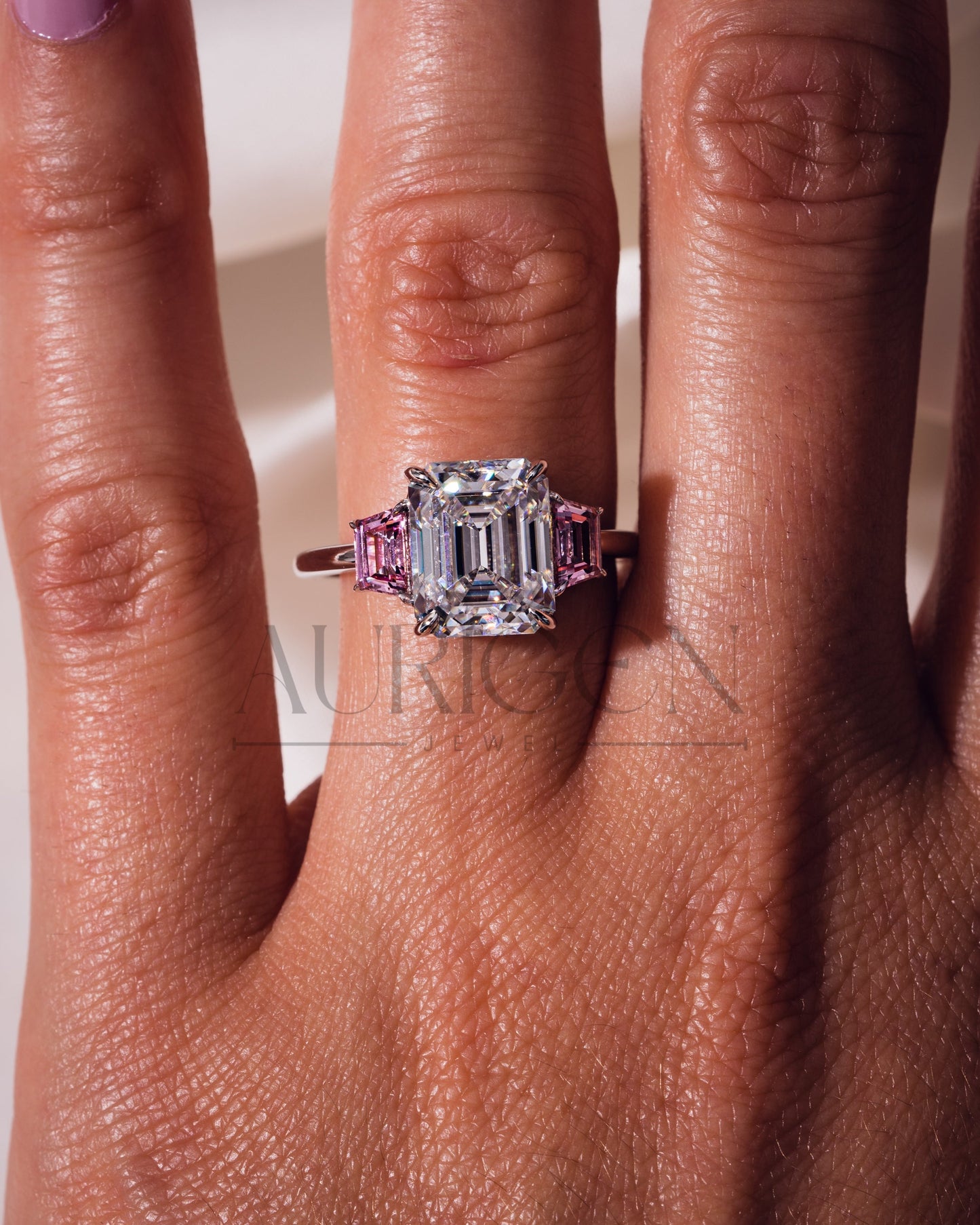 Emerald Cut with Pink Trapezoid Side Stones Engagement Ring in 14k White Gold