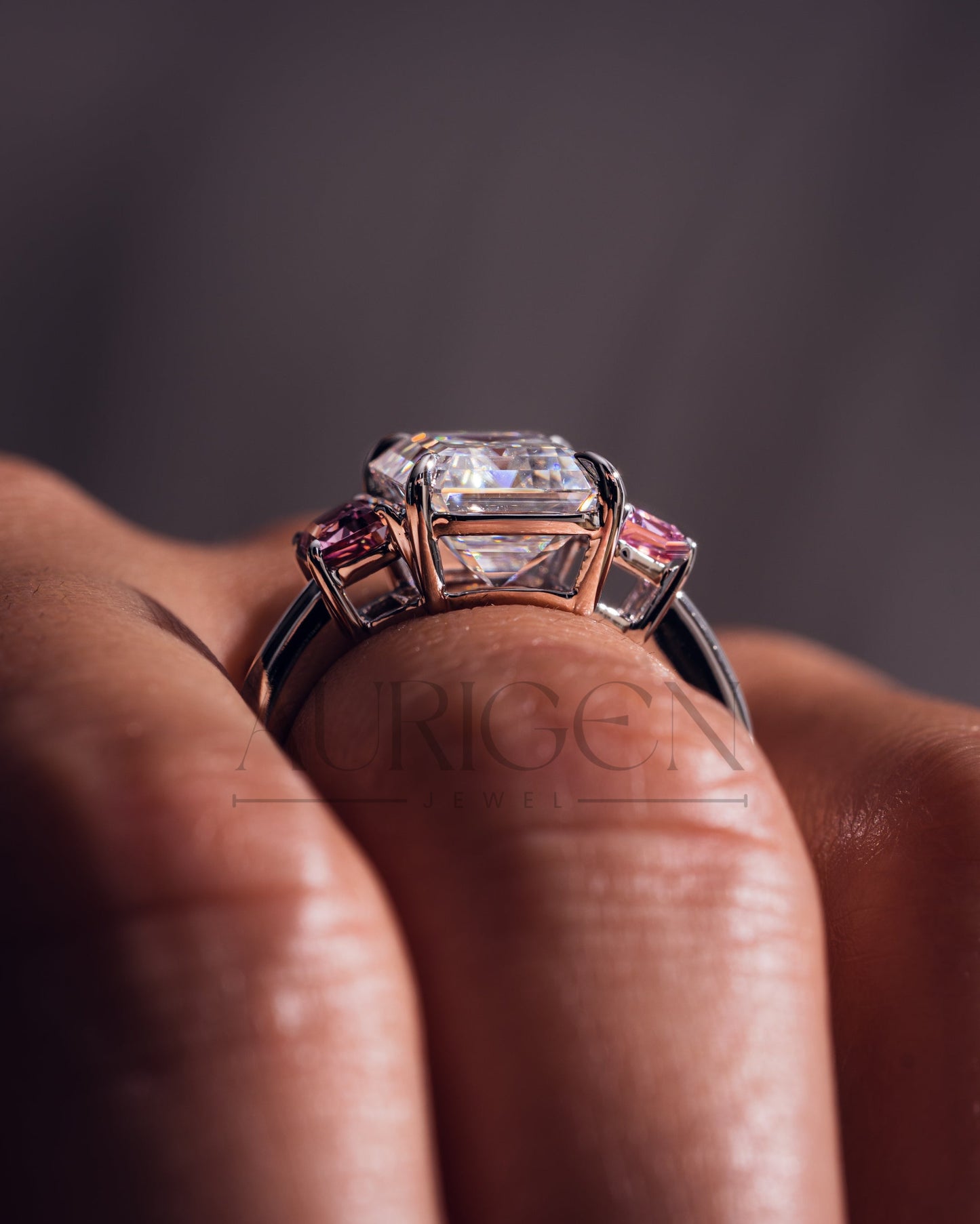 Emerald Cut with Pink Trapezoid Side Stones Engagement Ring in 14k White Gold
