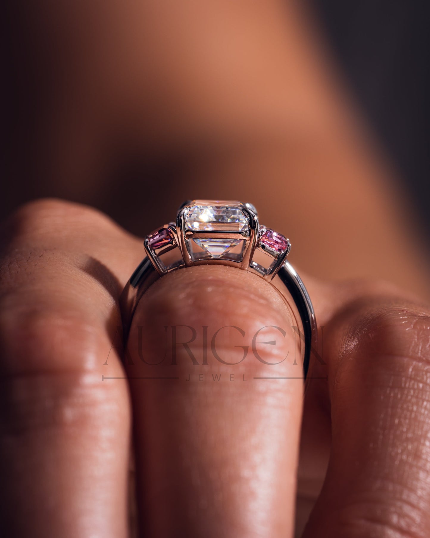 Emerald Cut with Pink Trapezoid Side Stones Engagement Ring in 14k White Gold
