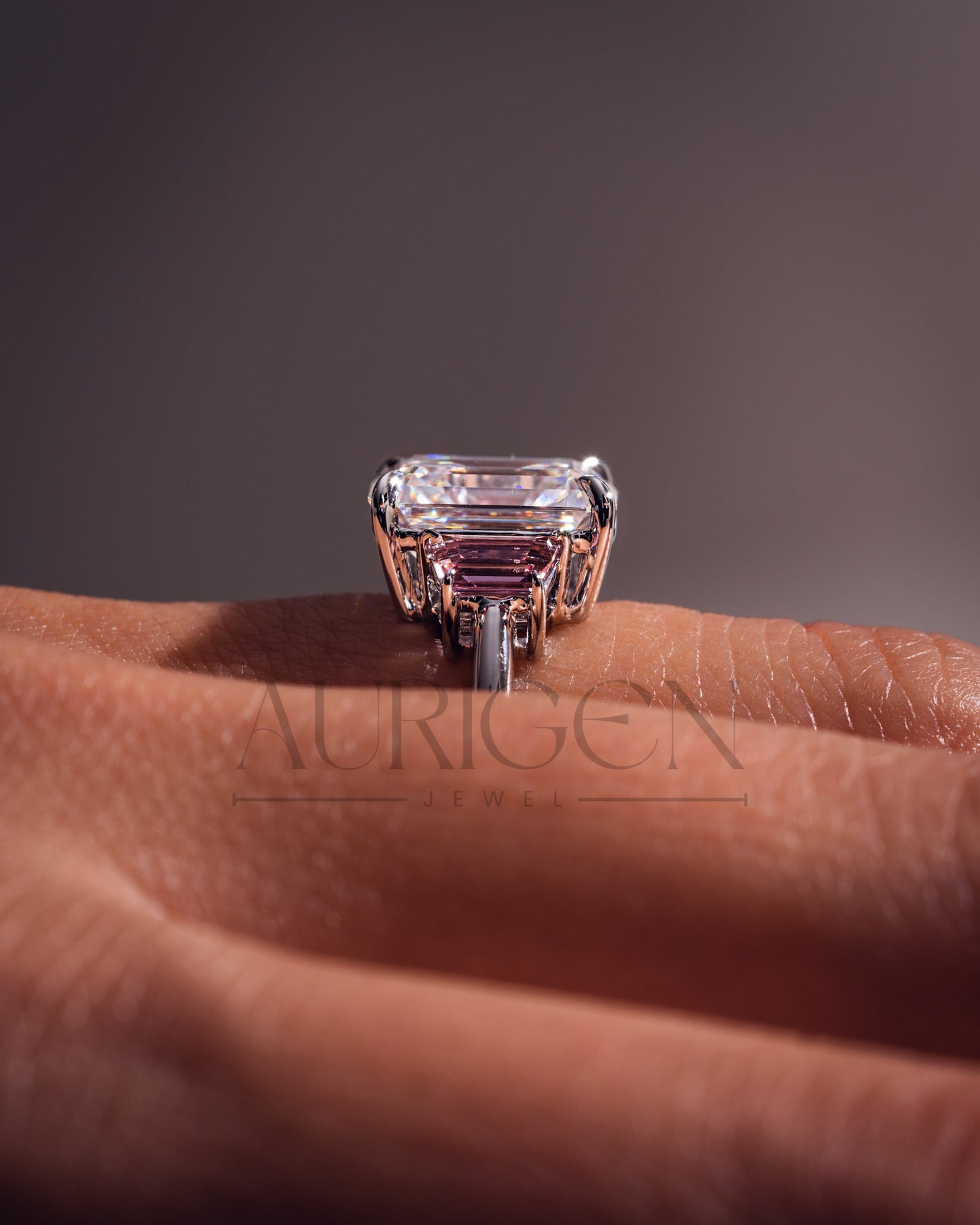 Emerald Cut with Pink Trapezoid Side Stones Engagement Ring in 14k White Gold