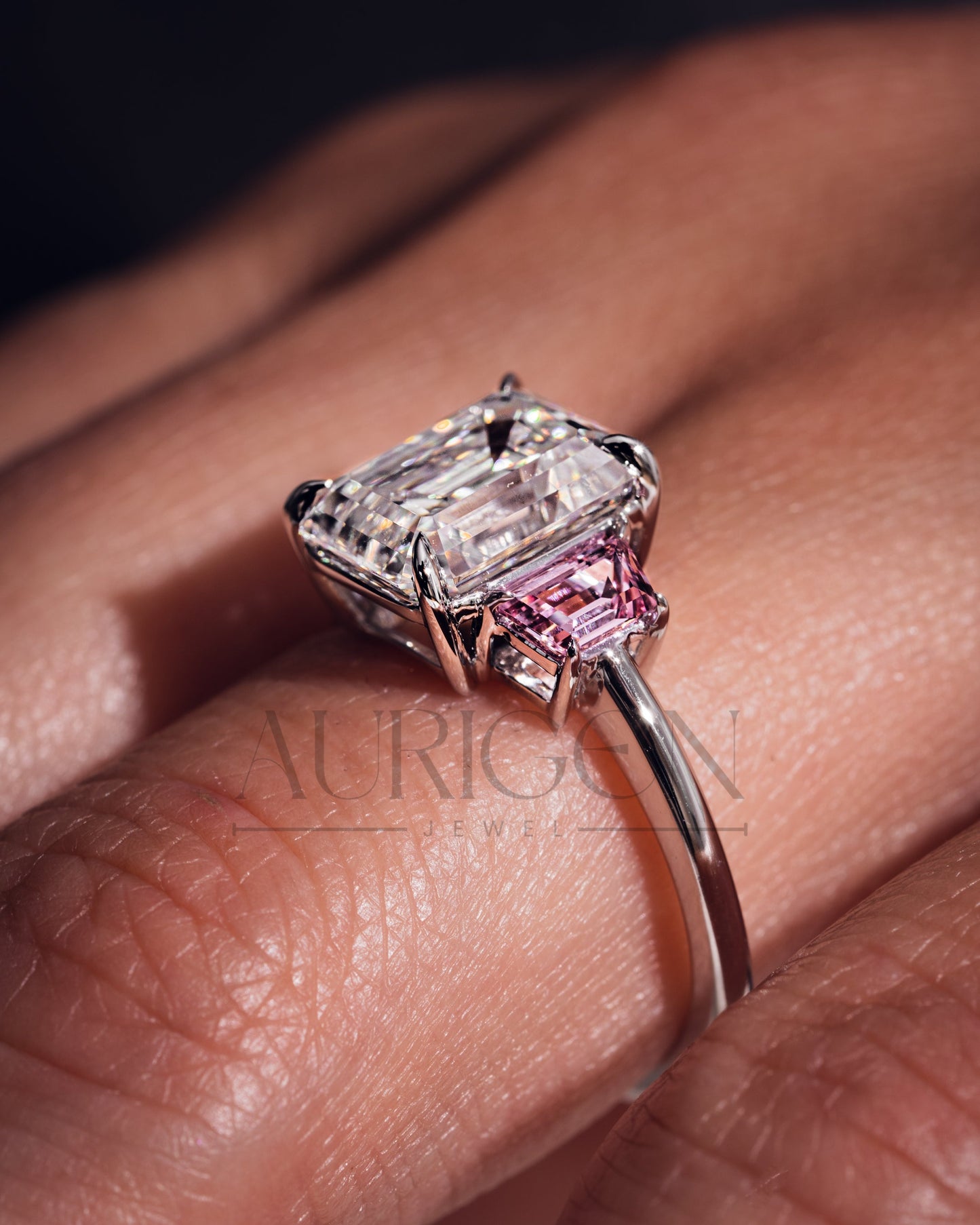 Emerald Cut with Pink Trapezoid Side Stones Engagement Ring in 14k White Gold