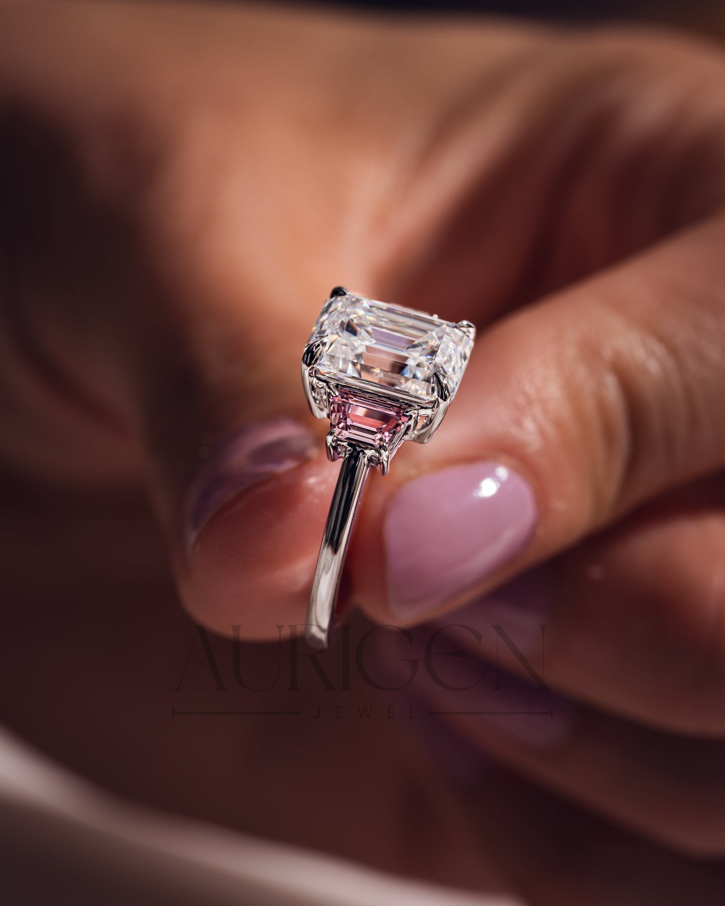 Emerald Cut with Pink Trapezoid Side Stones Engagement Ring in 14k White Gold