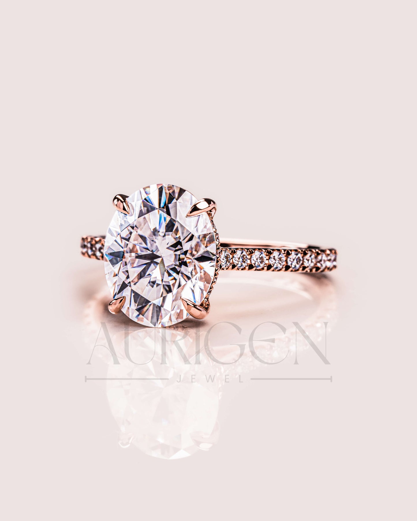 14K Solid Gold Oval Cut Halo and Pave Engagement Ring – Lab Diamond and Moissanite