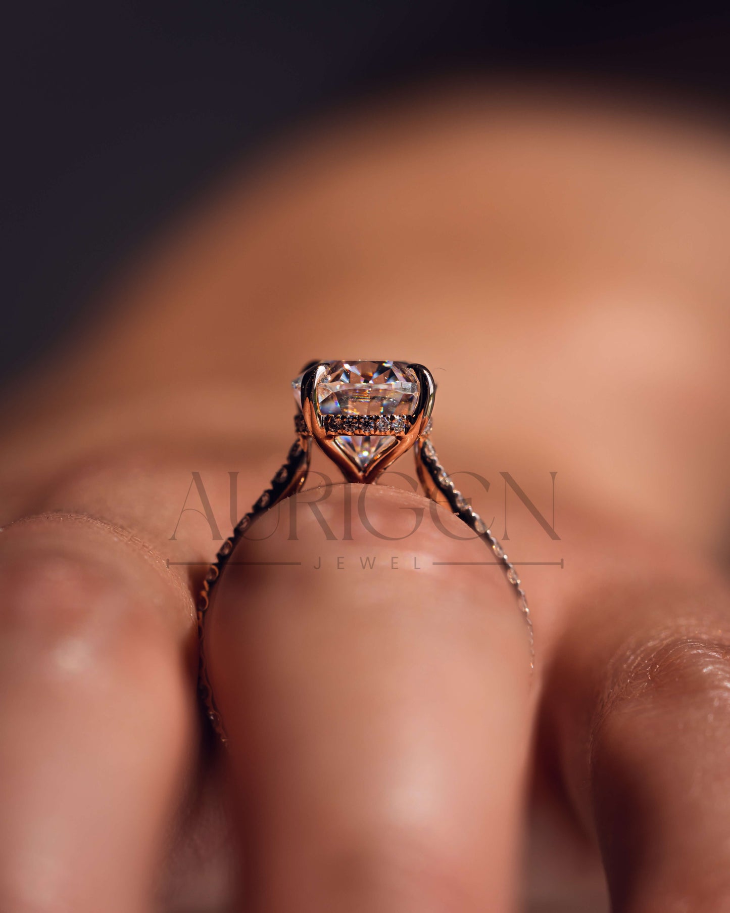 14K Solid Gold Oval Cut Halo and Pave Engagement Ring – Lab Diamond and Moissanite