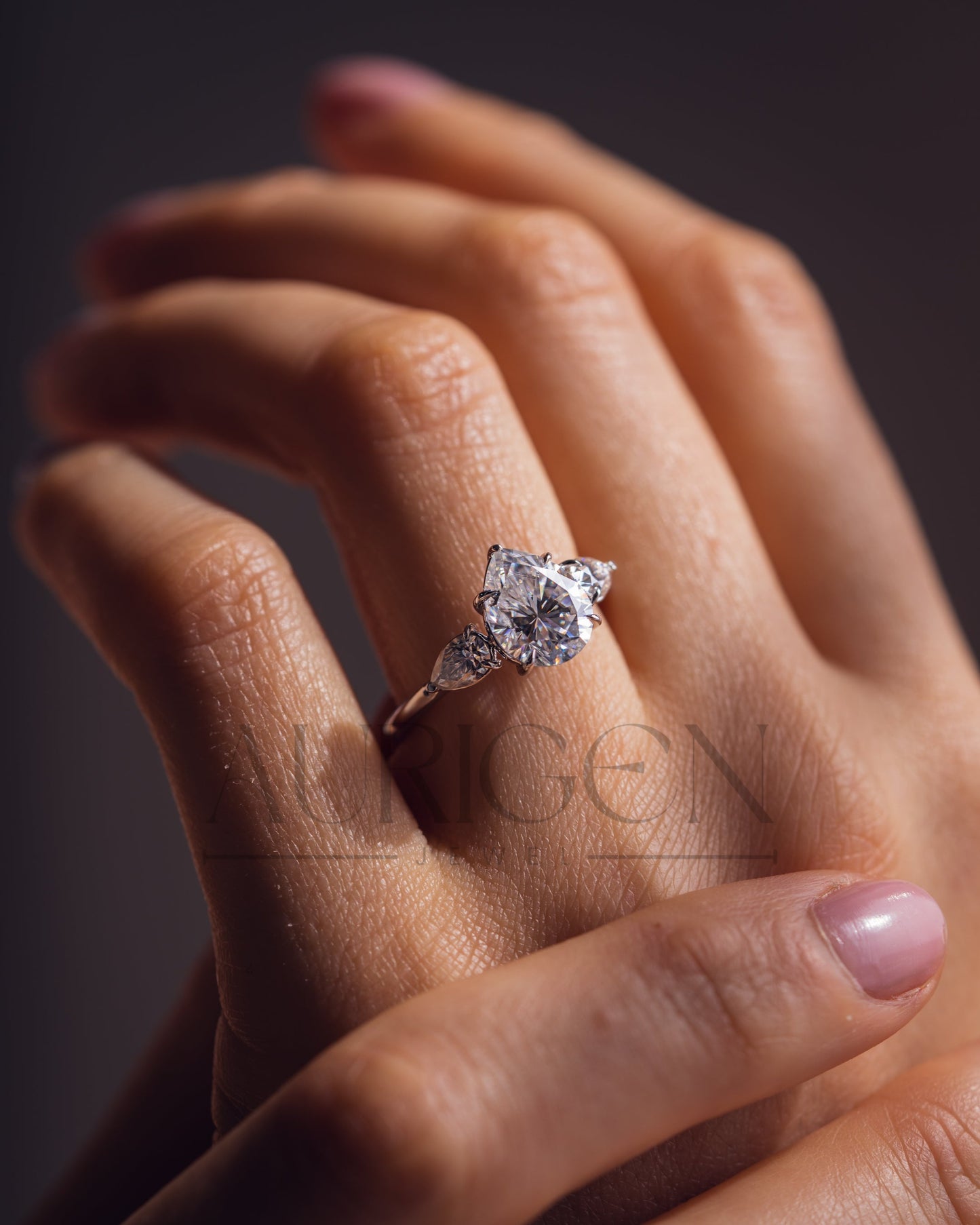 Brilliant Pear Cut Three-Stone Ring in 14k White Gold Moissanite and Lab Grown Diamond