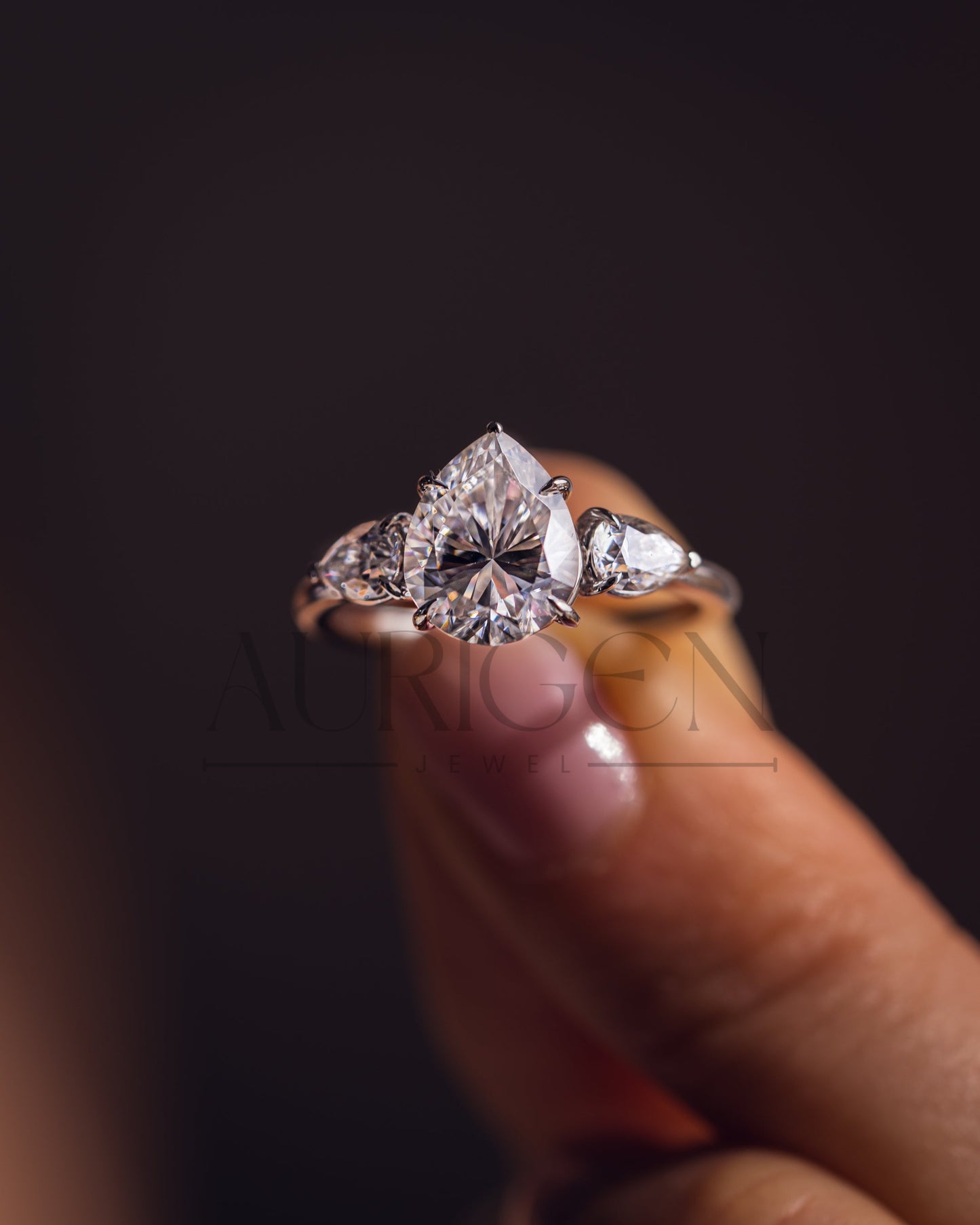 Brilliant Pear Cut Three-Stone Ring in 14k White Gold Moissanite and Lab Grown Diamond