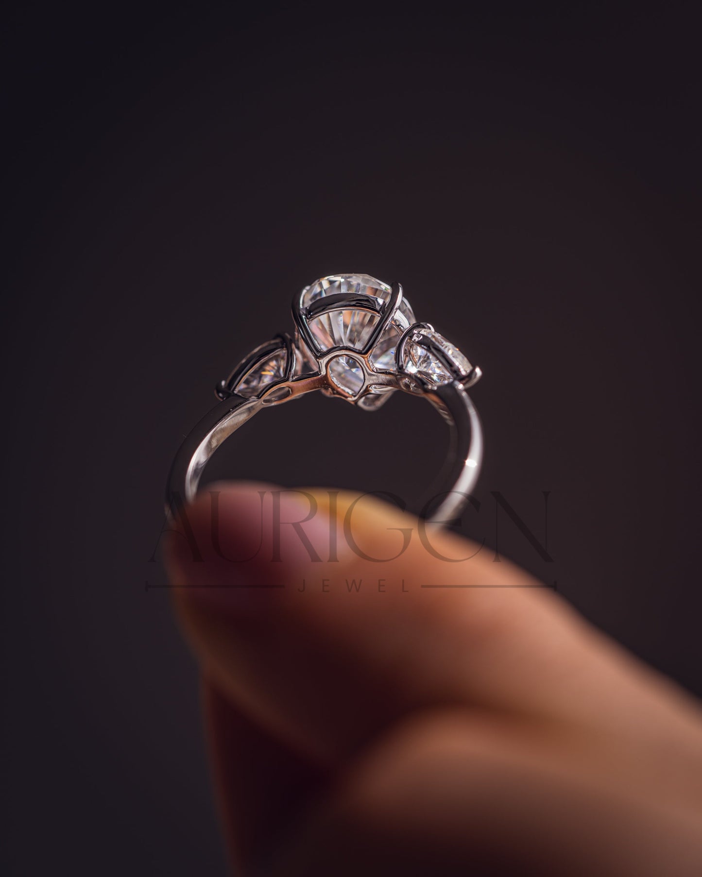 Brilliant Pear Cut Three-Stone Ring in 14k White Gold Moissanite and Lab Grown Diamond