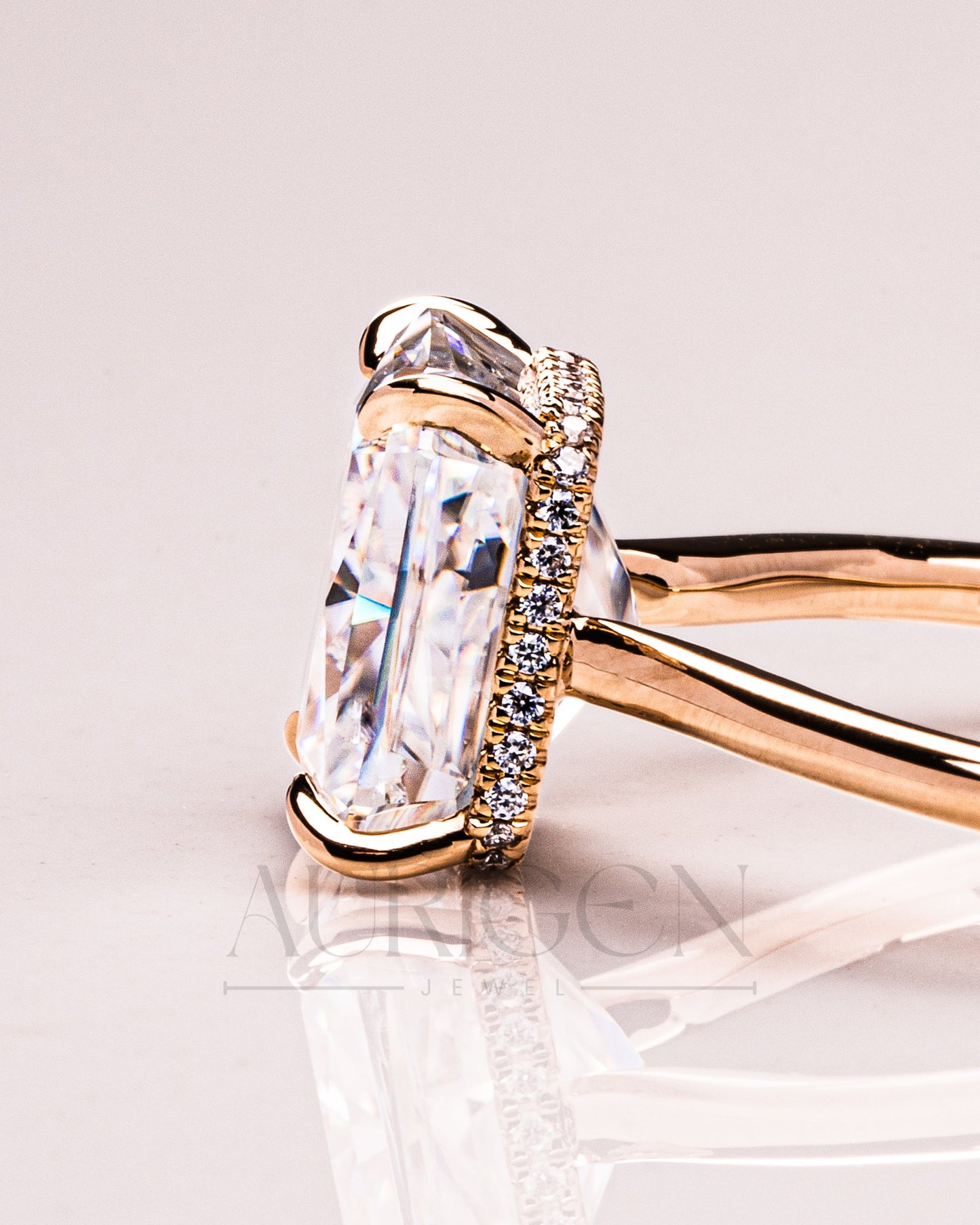Ice Crushed Radiant Cut Moissanite and Lab Grown Ring – 14K Yellow Gold