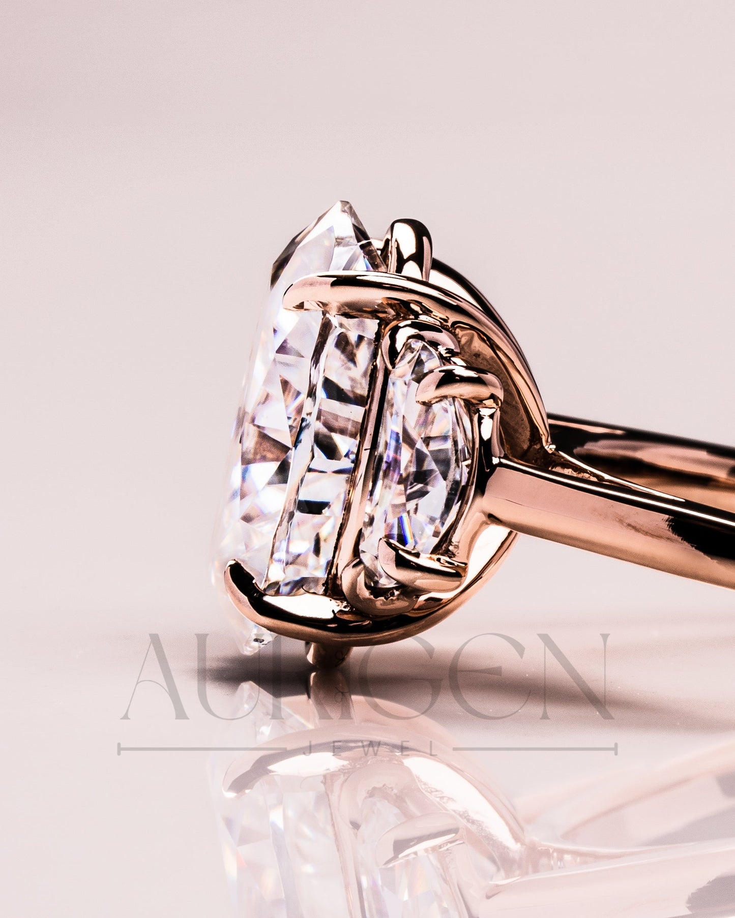 Elegant Oval Cut Moissanite and Lab Grown Diamond Ring with Half-Moon Stones