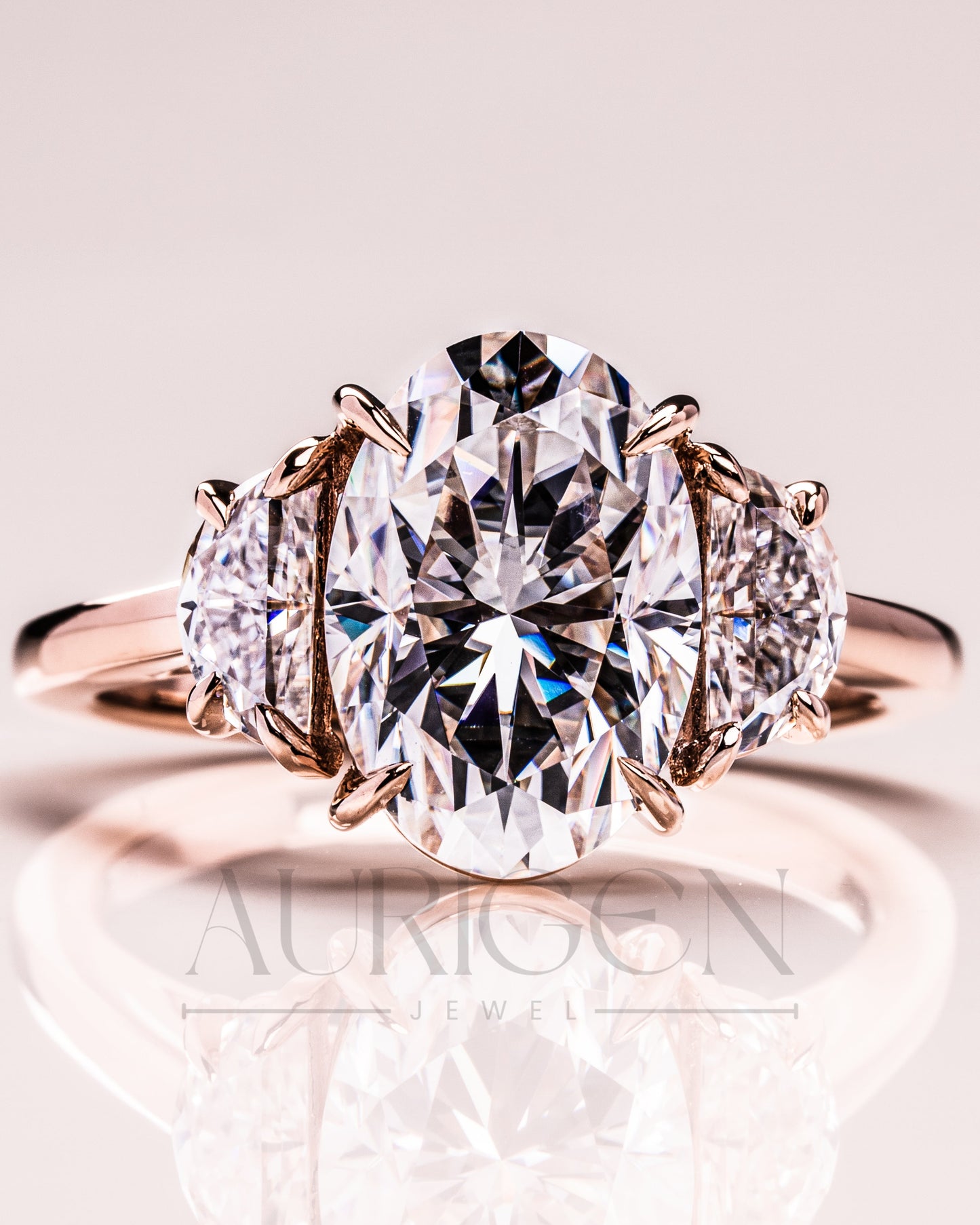 Elegant Oval Cut Moissanite and Lab Grown Diamond Ring with Half-Moon Stones