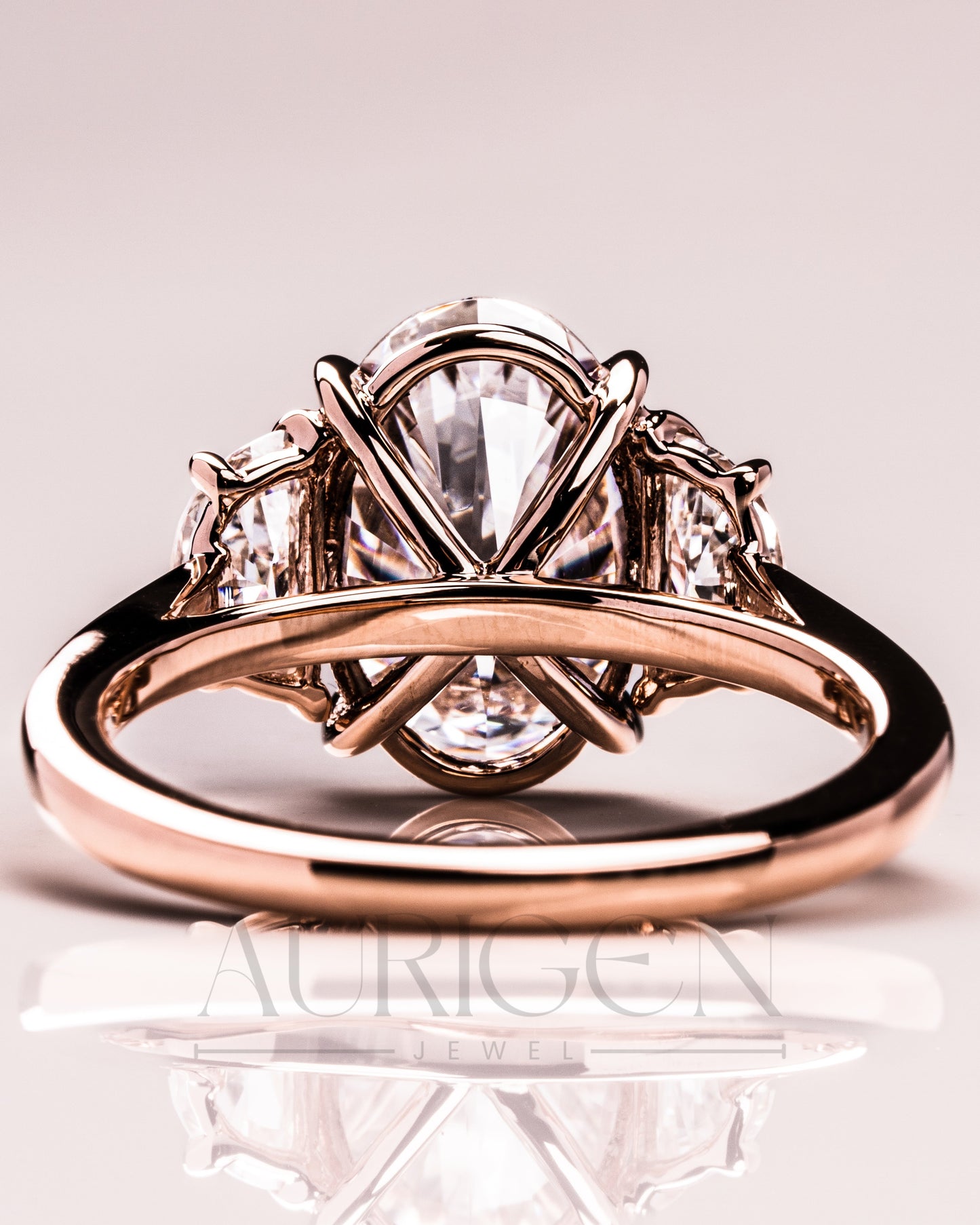 Elegant Oval Cut Moissanite and Lab Grown Diamond Ring with Half-Moon Stones