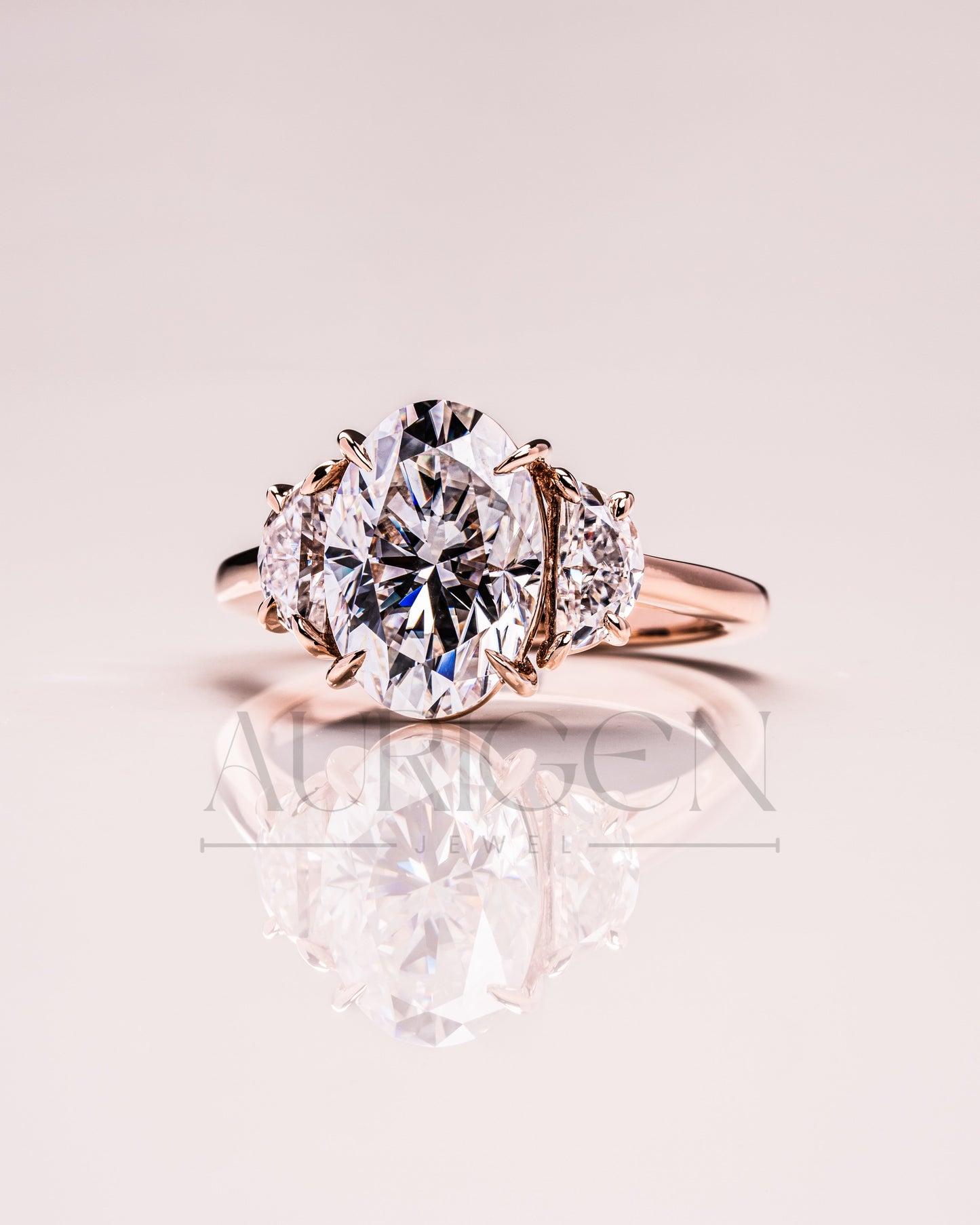 Elegant Oval Cut Moissanite and Lab Grown Diamond Ring with Half-Moon Stones