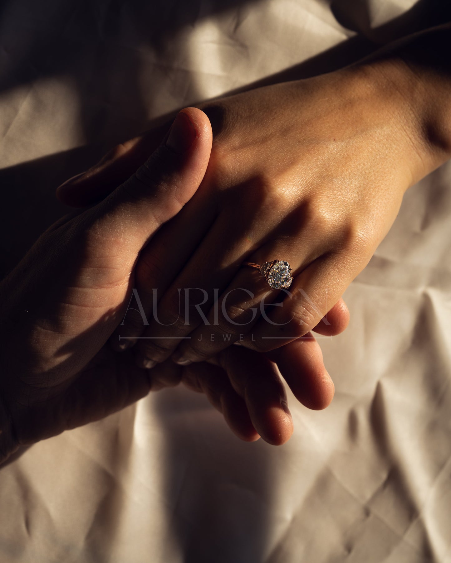 Elegant Oval Cut Moissanite and Lab Grown Diamond Ring with Half-Moon Stones