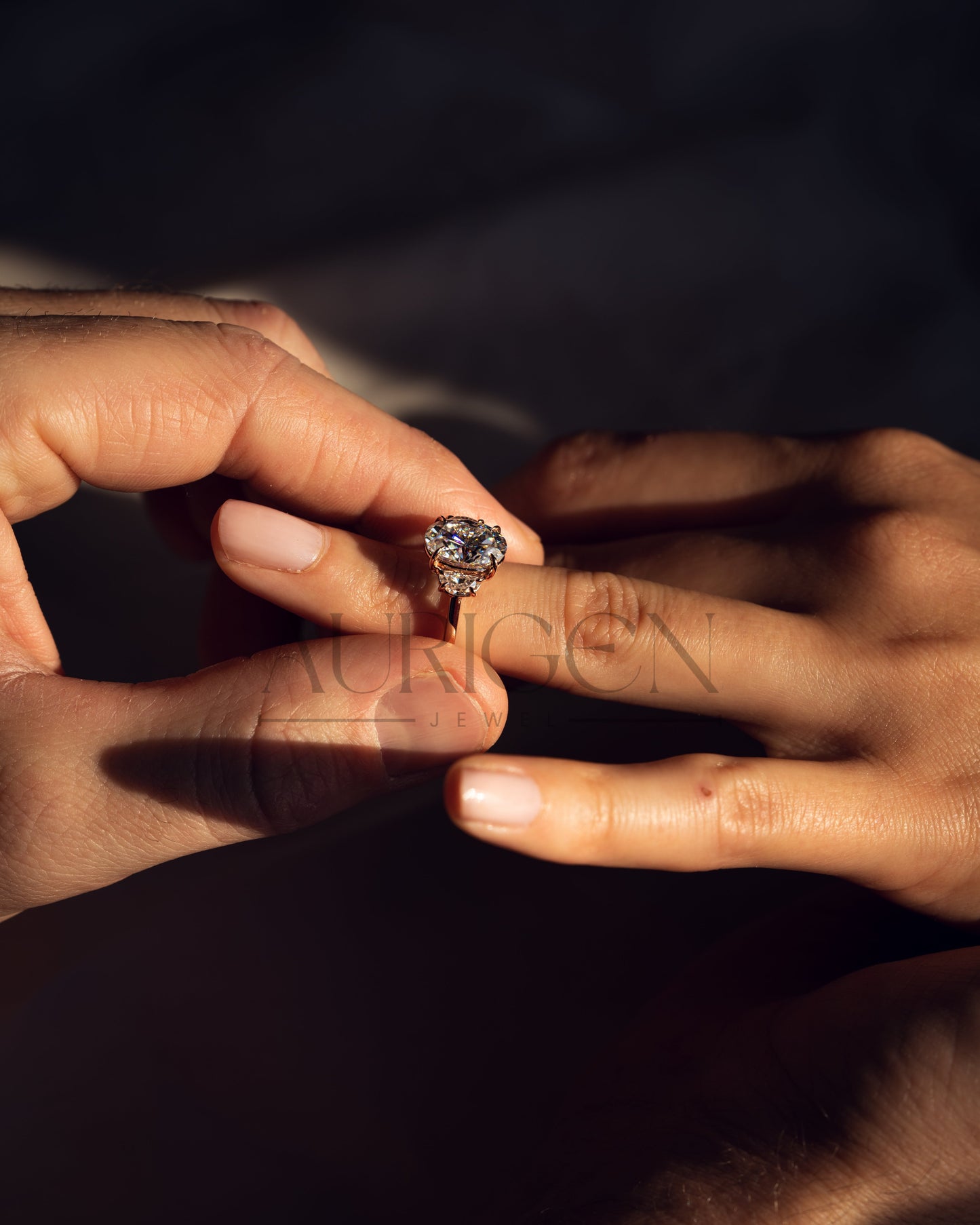 Elegant Oval Cut Moissanite and Lab Grown Diamond Ring with Half-Moon Stones