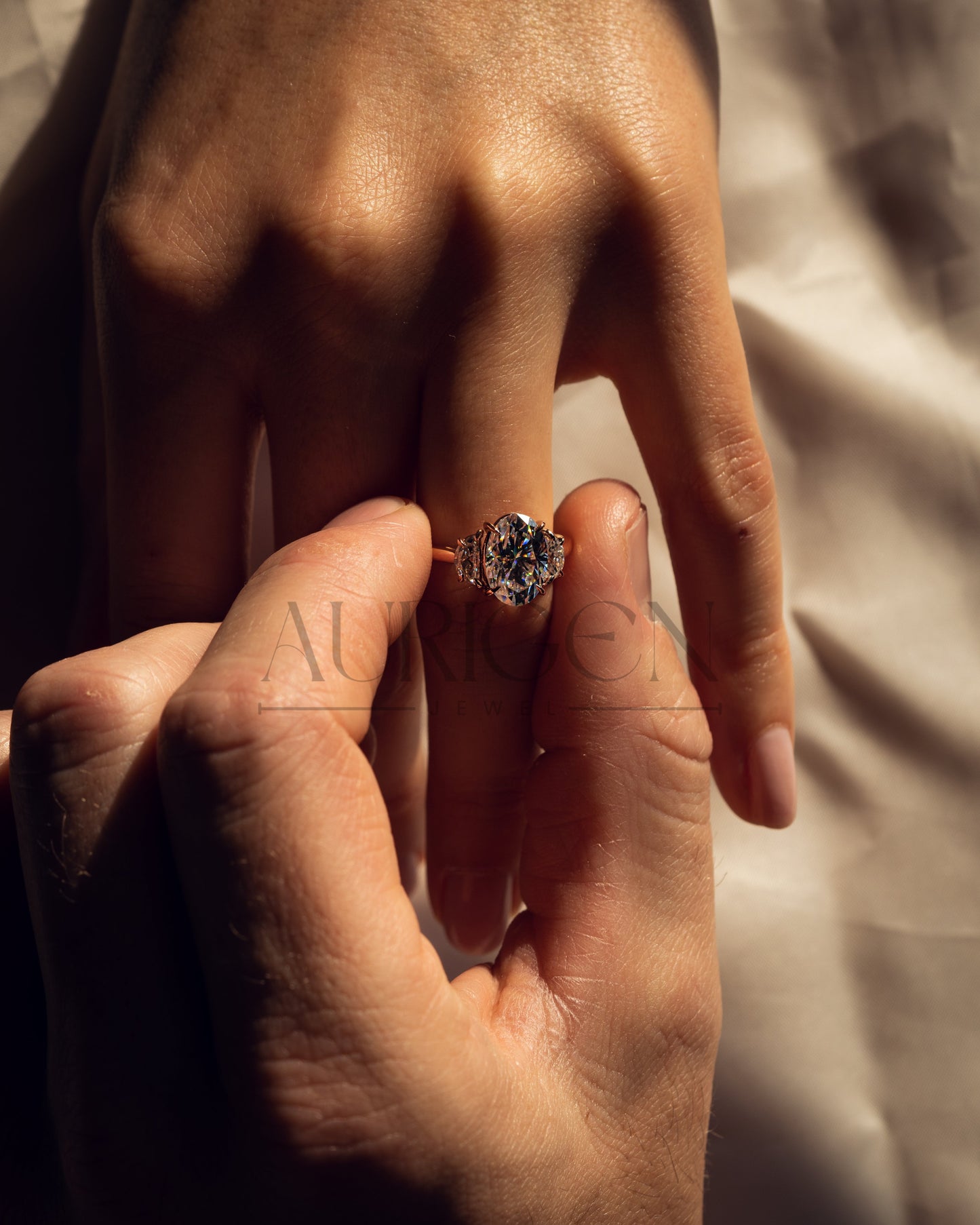Elegant Oval Cut Moissanite and Lab Grown Diamond Ring with Half-Moon Stones