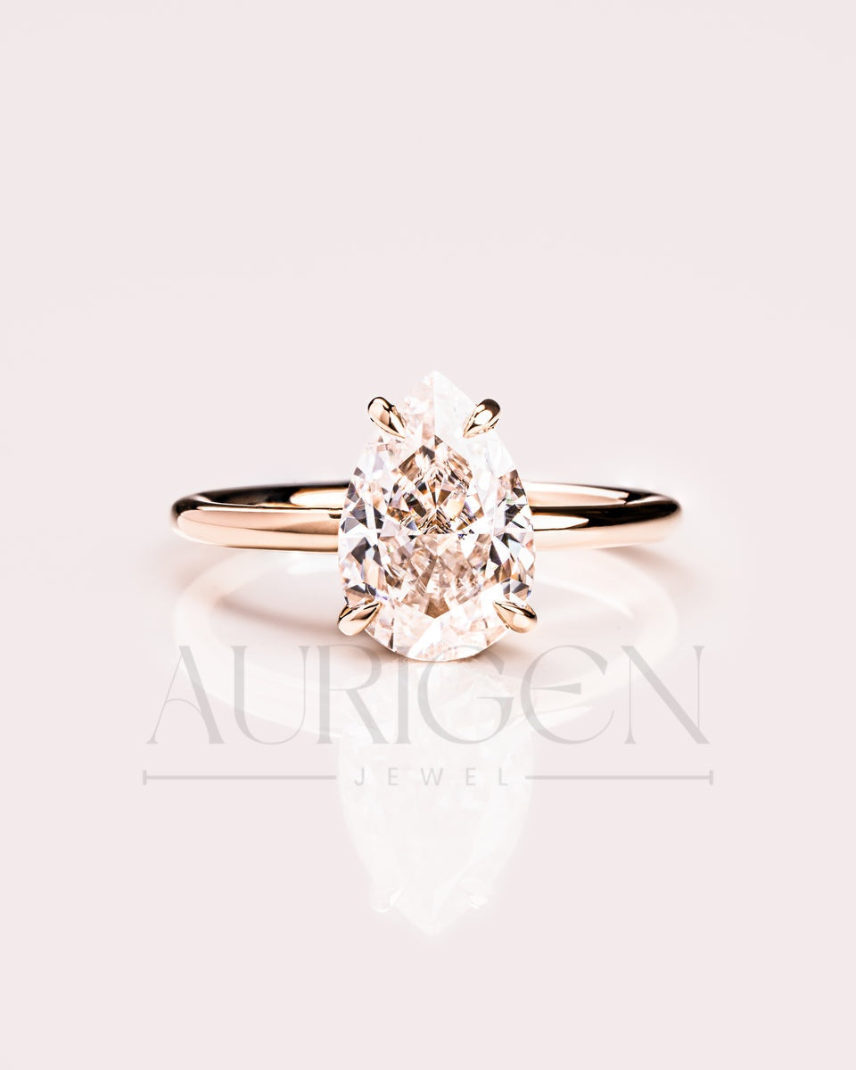 4-Prong Pear Moissanite Engagement Ring Hidden Halo 18K Rose Gold Wedding Ring