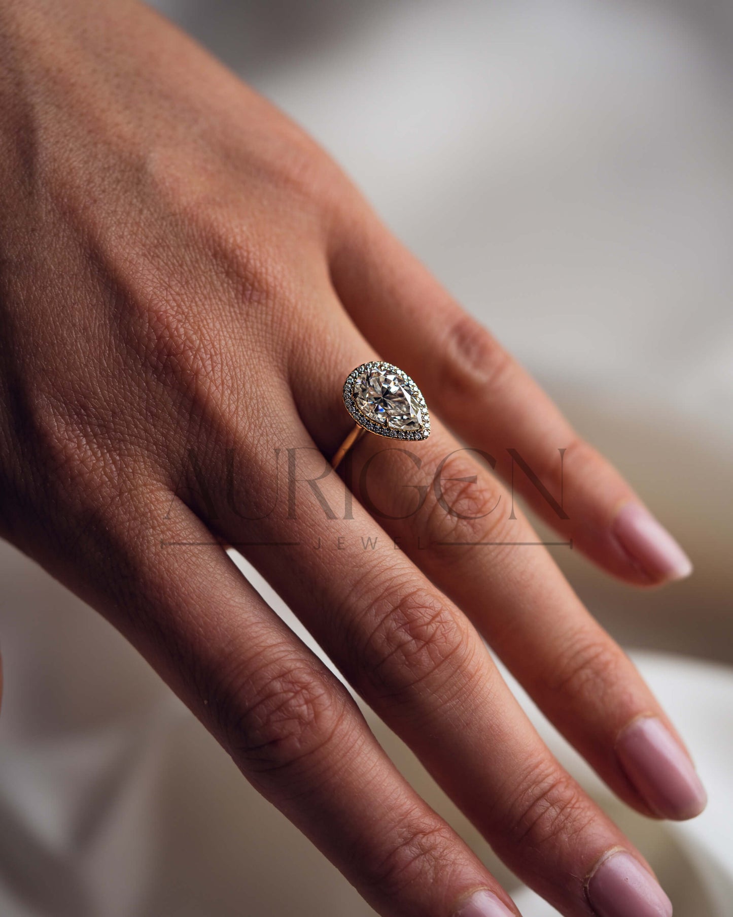 Ice Crushed Pear Cut Moissanite and Lab Grown Halo Ring-14K Solid Gold