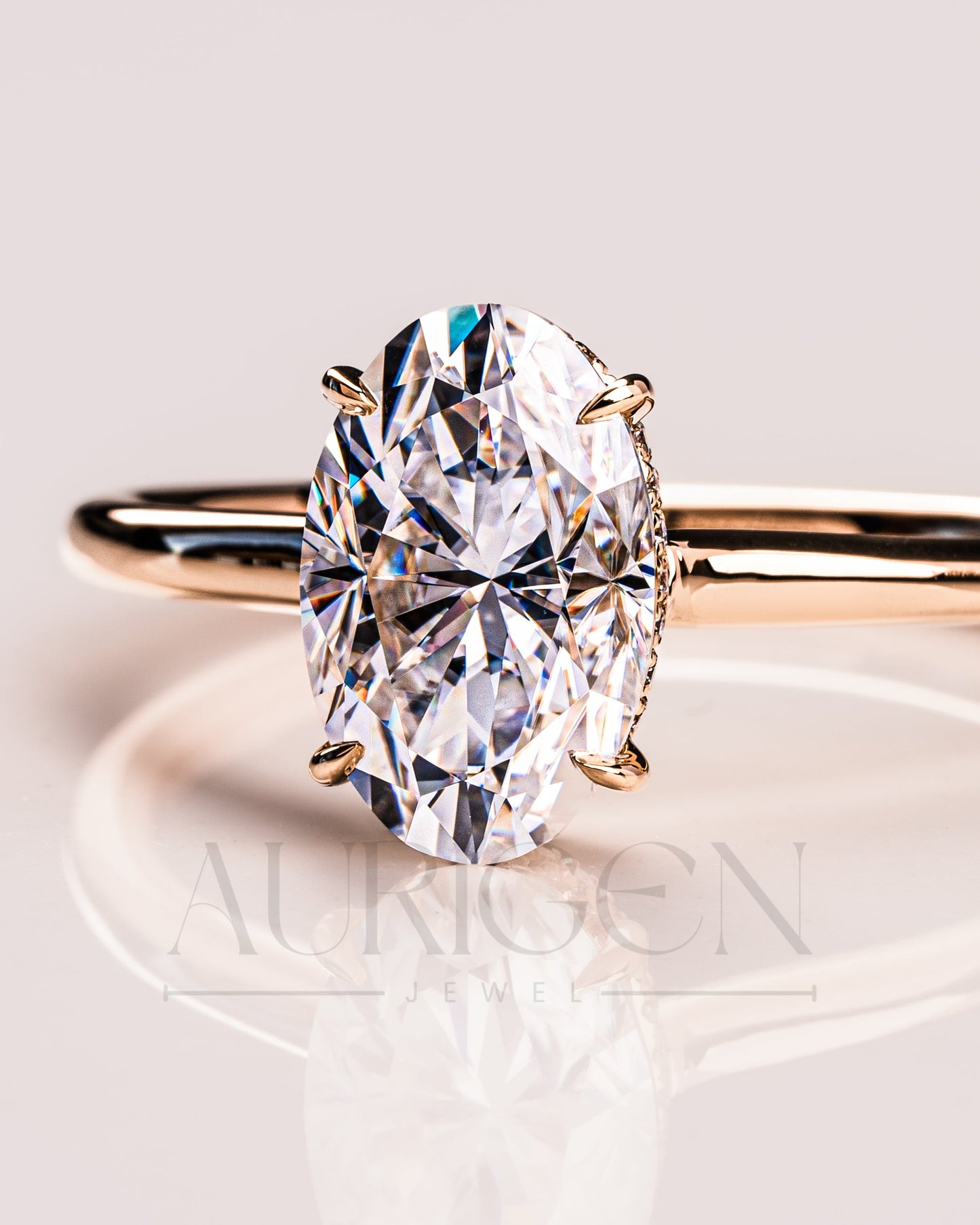 Classic Oval Cut Moissanite Ring Hidden Halo Setting with 14K Solid Gold Engagement Ring