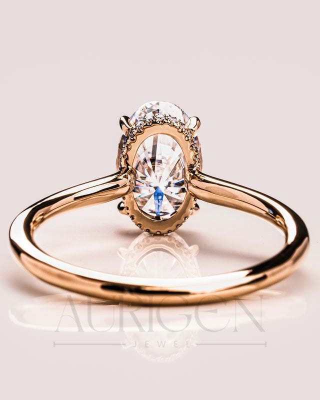 Classic Oval Cut Moissanite Ring Hidden Halo Setting with 14K Solid Gold Engagement Ring