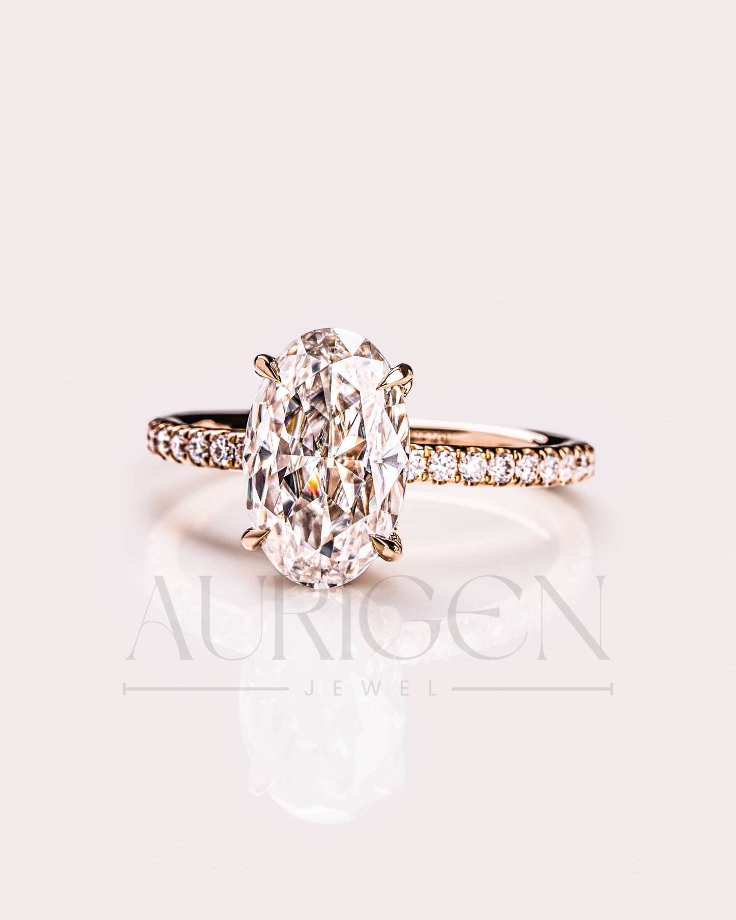 Oval Moissanite & Leb Diamond Ring Sparkling Full Pave Band & Hidden Halo Diamond Ring
