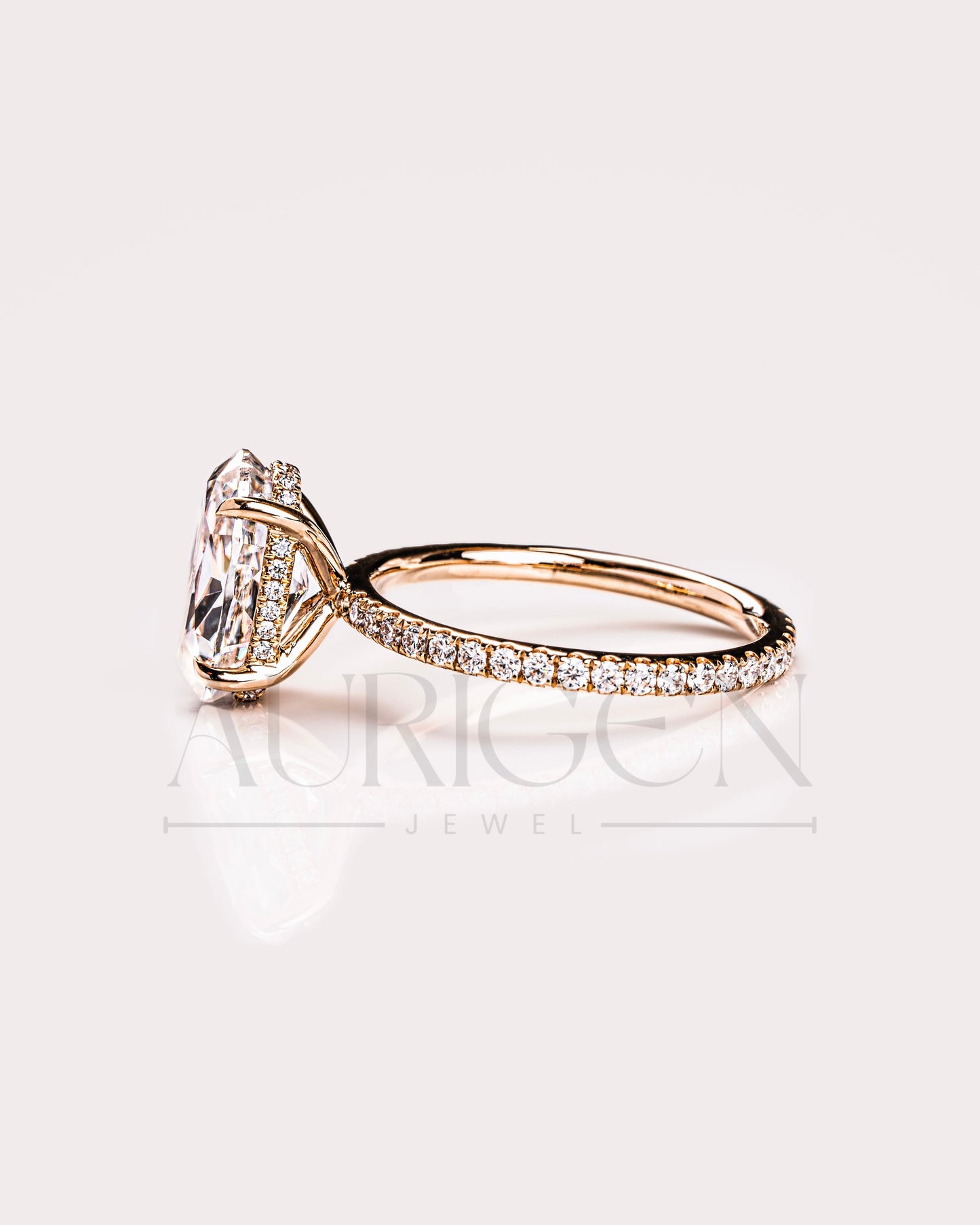 Oval Moissanite & Leb Diamond Ring Sparkling Full Pave Band & Hidden Halo Diamond Ring