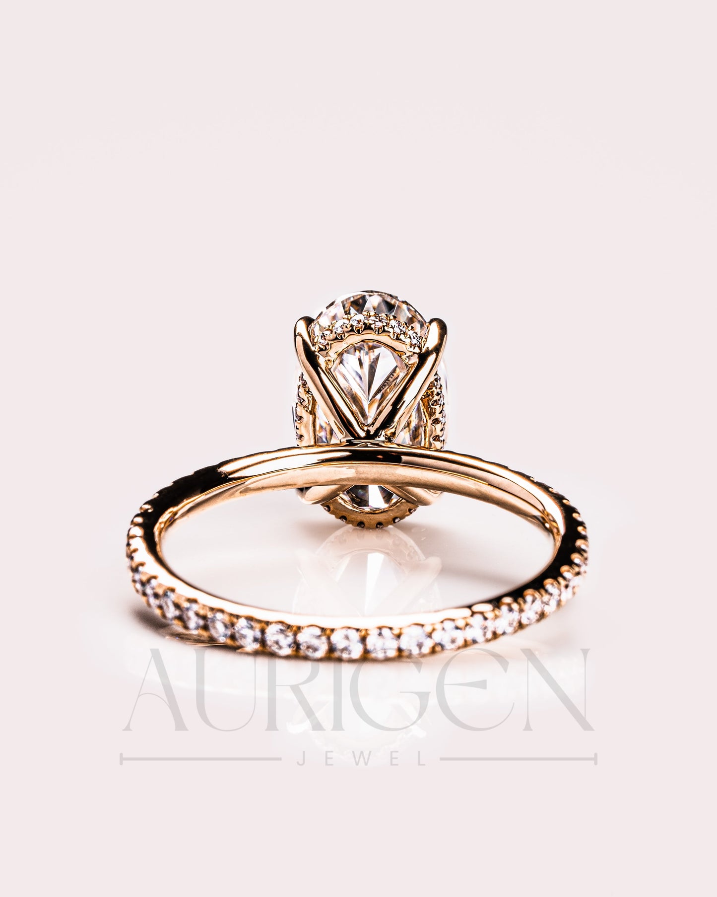 Oval Moissanite & Leb Diamond Ring Sparkling Full Pave Band & Hidden Halo Diamond Ring