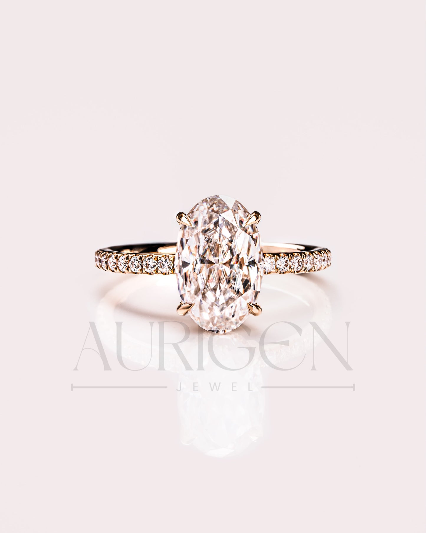 Oval Moissanite & Leb Diamond Ring Sparkling Full Pave Band & Hidden Halo Diamond Ring