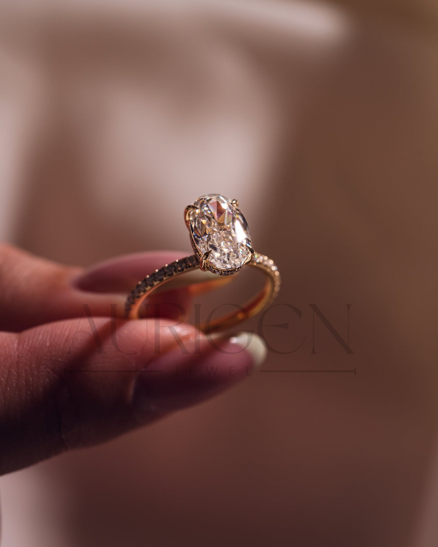 Oval Moissanite & Leb Diamond Ring Sparkling Full Pave Band & Hidden Halo Diamond Ring