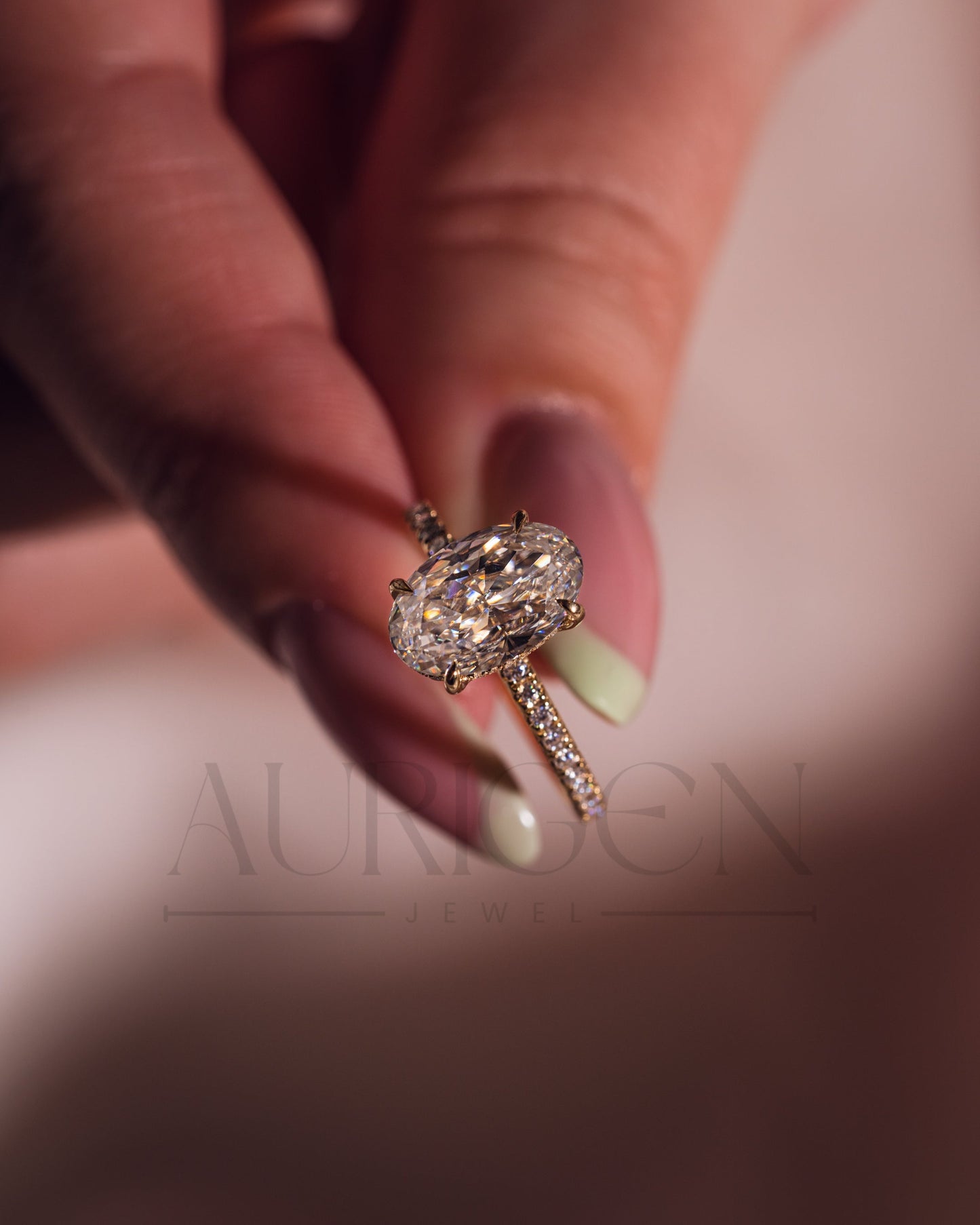 Oval Moissanite & Leb Diamond Ring Sparkling Full Pave Band & Hidden Halo Diamond Ring