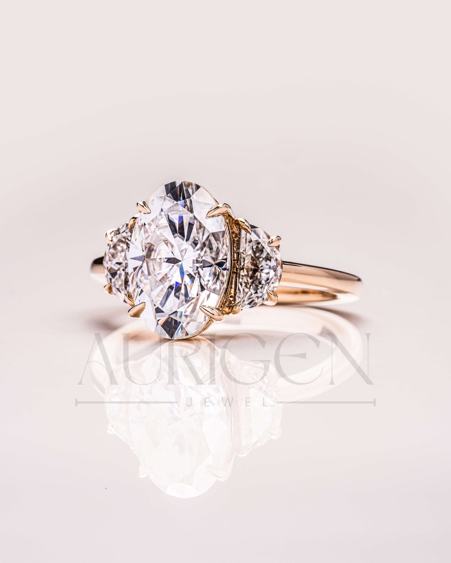 Unique Oval & Half Moon Three-Stone Ring in 14k Yellow Gold Engagement Ring