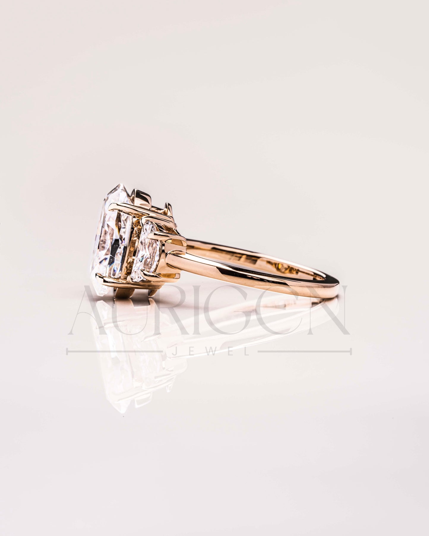 Unique Oval & Half Moon Three-Stone Ring in 14k Yellow Gold Engagement Ring