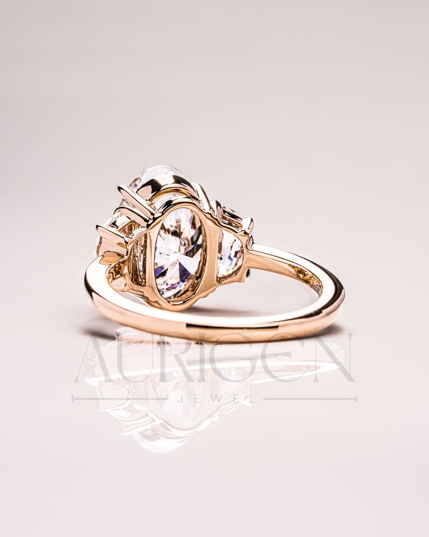 Unique Oval & Half Moon Three-Stone Ring in 14k Yellow Gold Engagement Ring