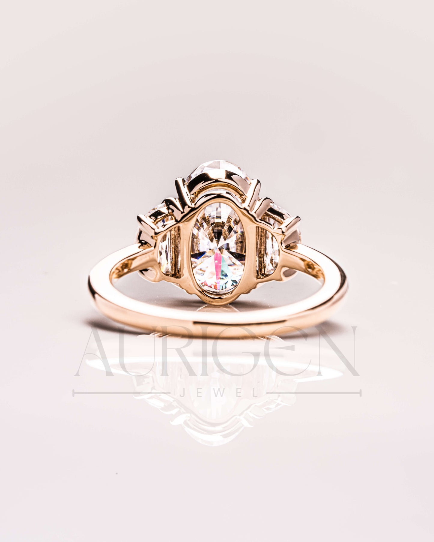 Unique Oval & Half Moon Three-Stone Ring in 14k Yellow Gold Engagement Ring