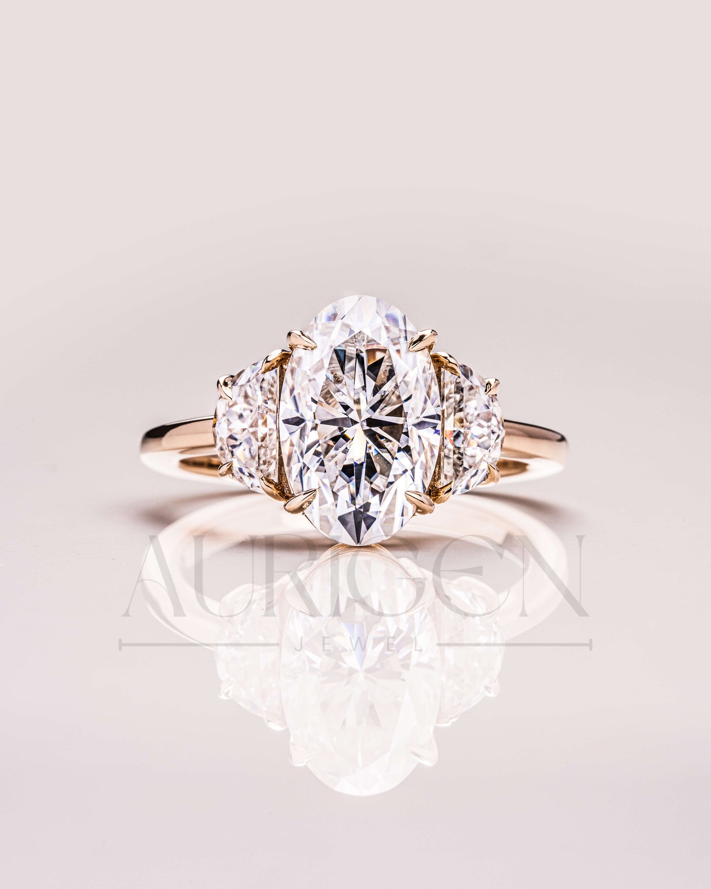 Unique Oval & Half Moon Three-Stone Ring in 14k Yellow Gold Engagement Ring