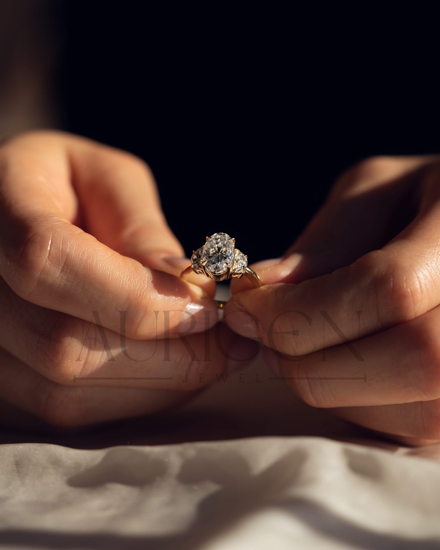 Unique Oval & Half Moon Three-Stone Ring in 14k Yellow Gold Engagement Ring