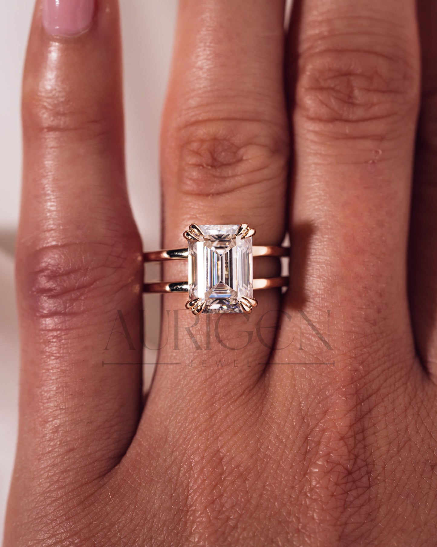 Statement Emerald Cut Lab Grown & Moissanite Diamond Ring on Dual Band Setting
