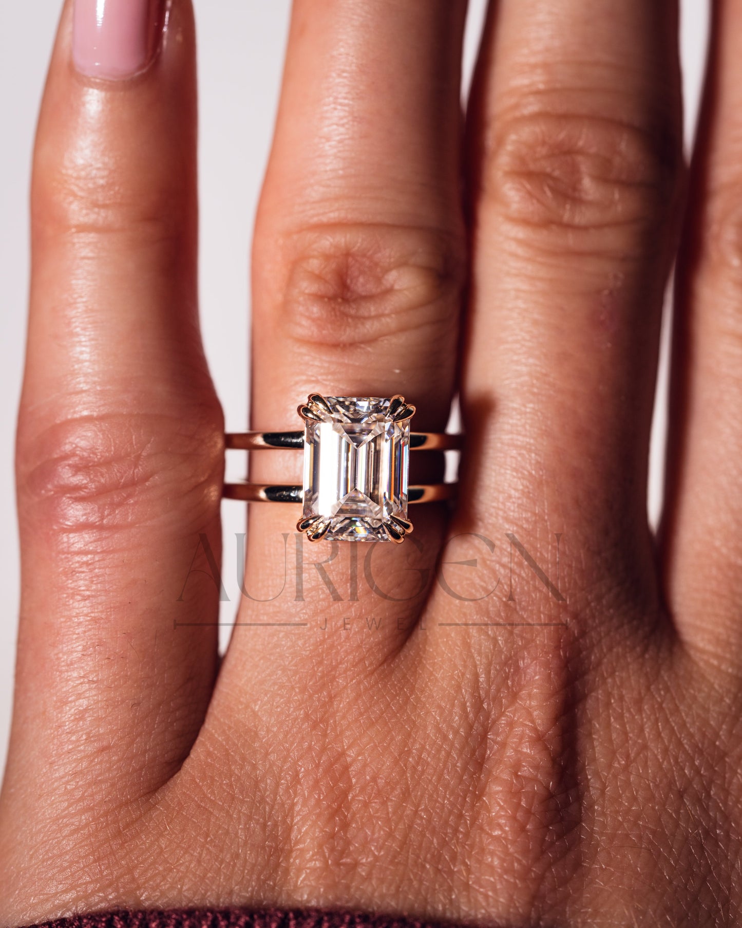 Statement Emerald Cut Lab Grown & Moissanite Diamond Ring on Dual Band Setting
