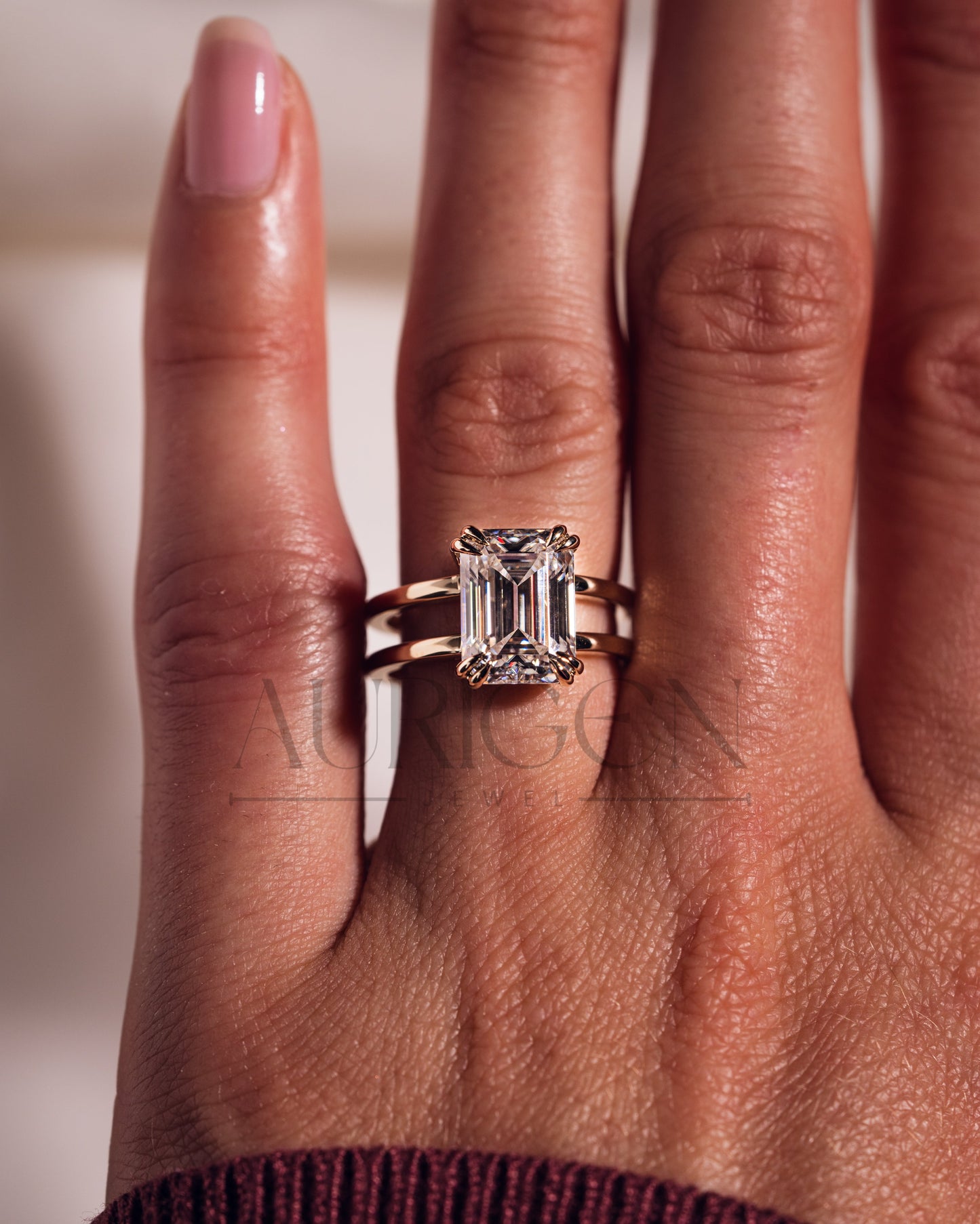 Statement Emerald Cut Lab Grown & Moissanite Diamond Ring on Dual Band Setting
