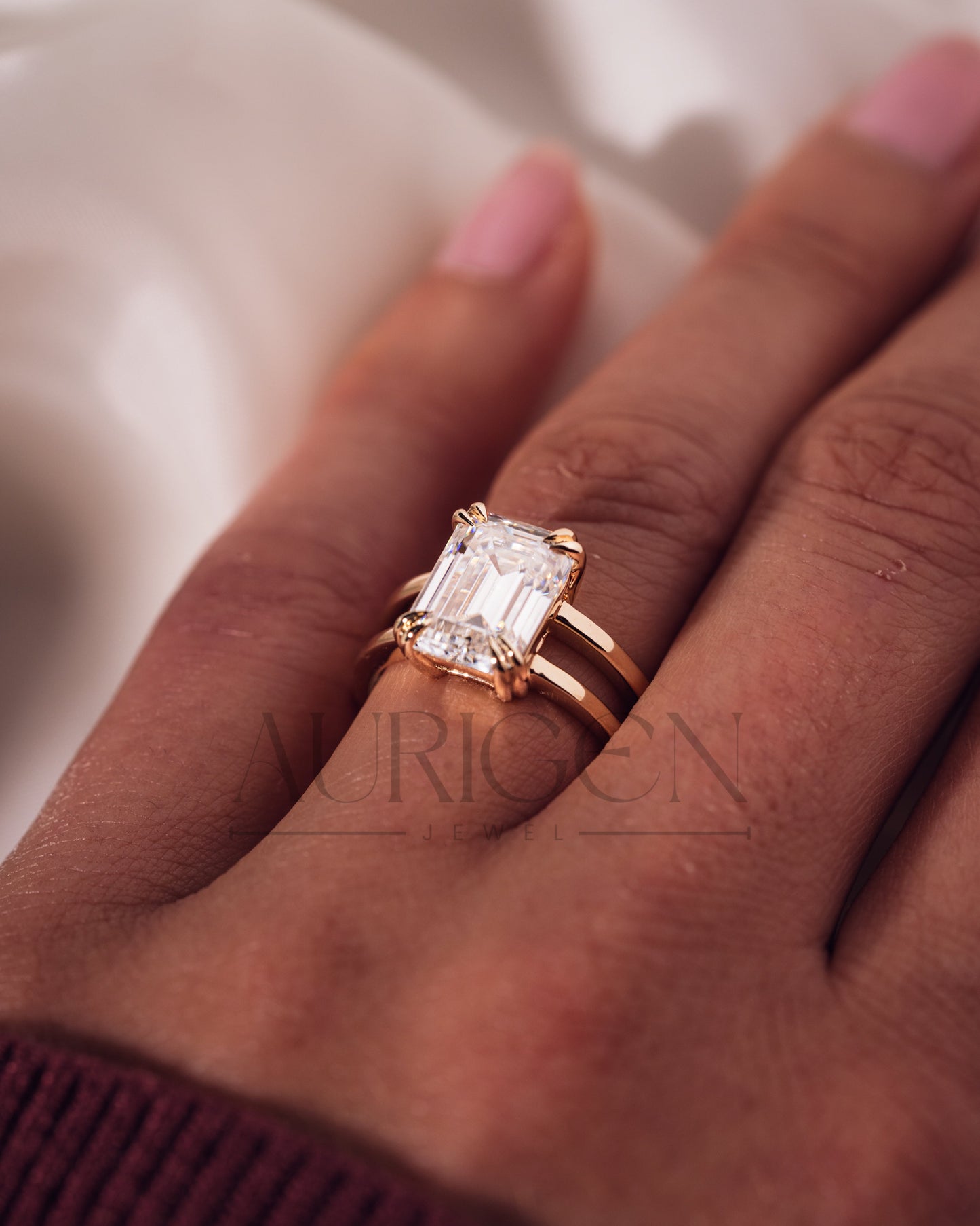 Statement Emerald Cut Lab Grown & Moissanite Diamond Ring on Dual Band Setting