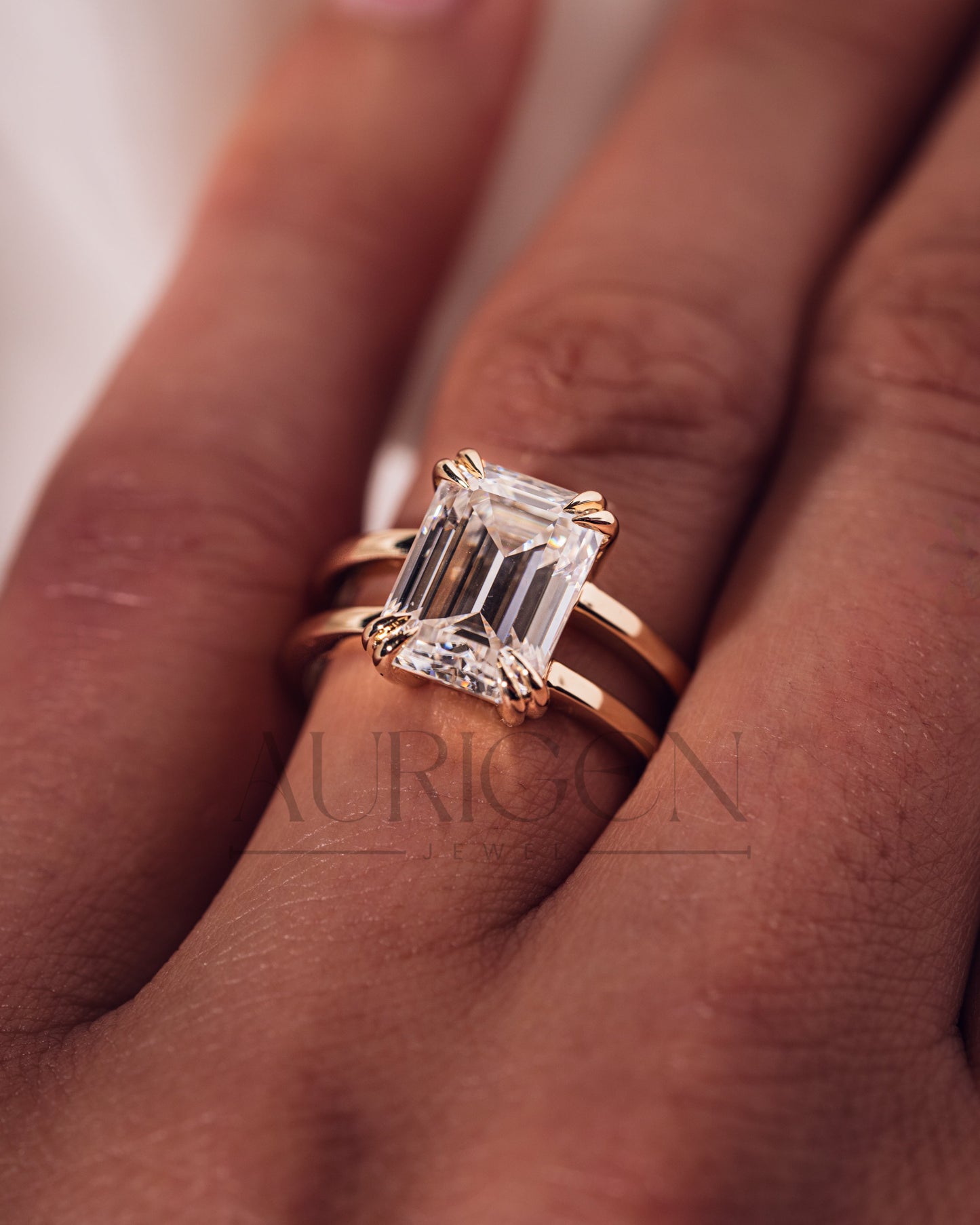 Statement Emerald Cut Lab Grown & Moissanite Diamond Ring on Dual Band Setting
